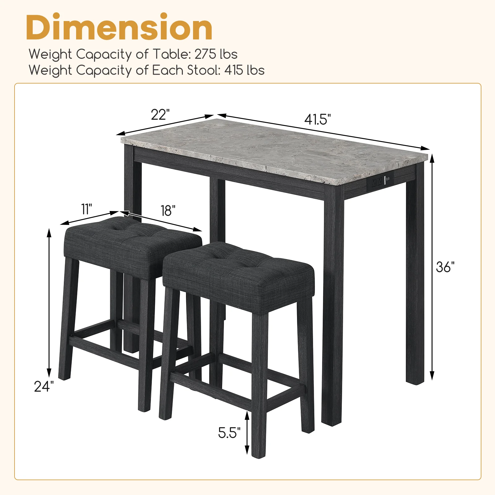 3-Piece Bar Table Set with Charging Station with Faux Marble Top-GR, Gray - Image 5