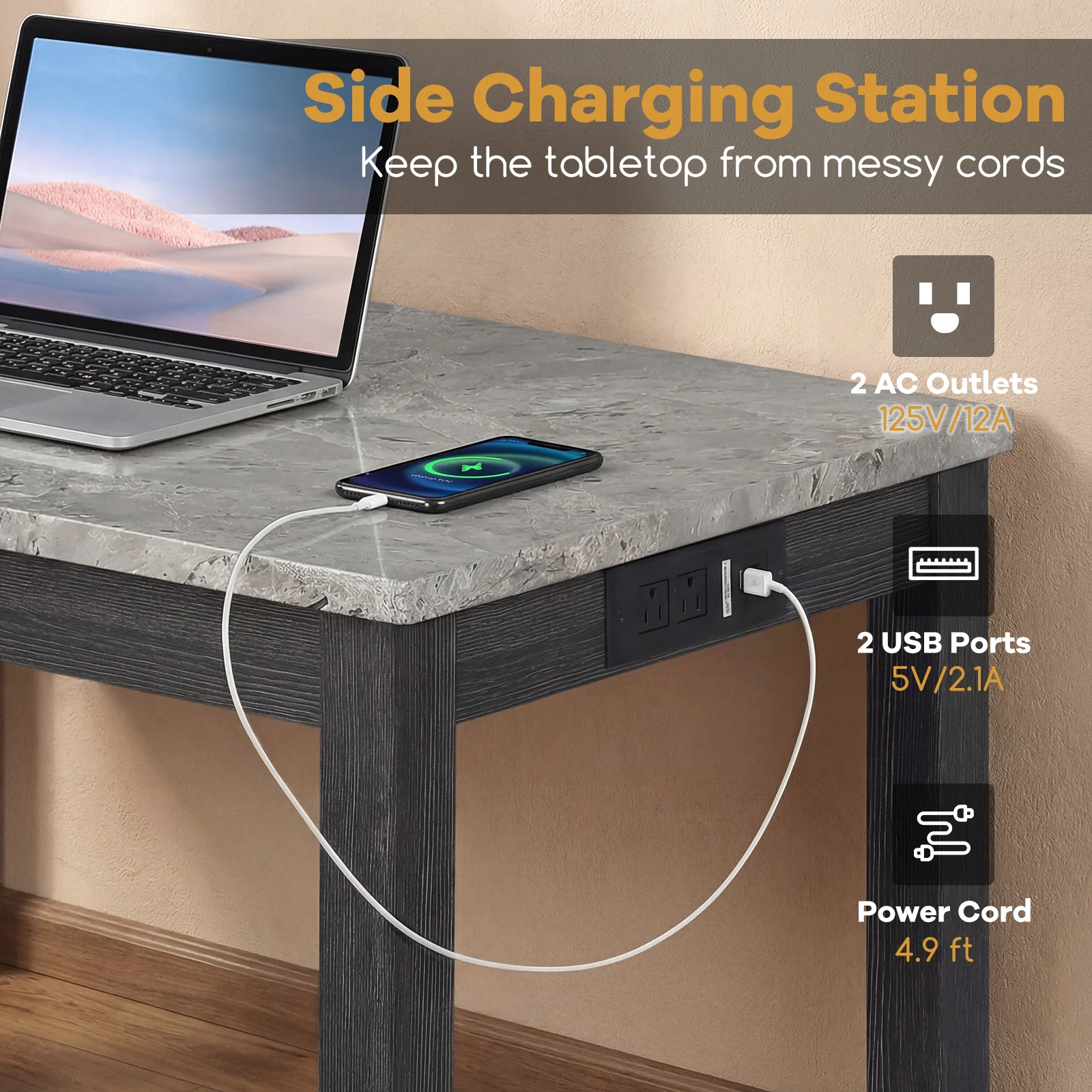 3-Piece Bar Table Set with Charging Station with Faux Marble Top-GR, Gray - Image 7