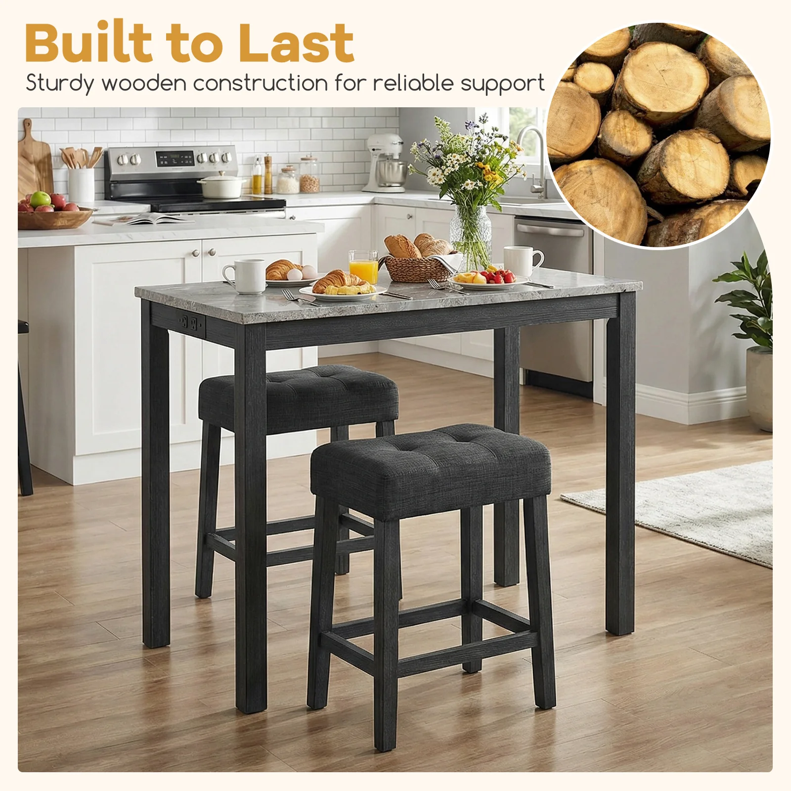3-Piece Bar Table Set with Charging Station with Faux Marble Top-GR, Gray - Image 8