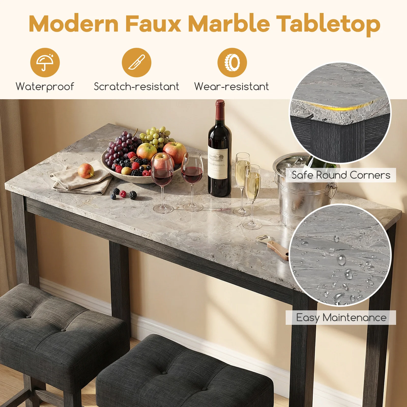 3-Piece Bar Table Set with Charging Station with Faux Marble Top-GR, Gray - Image 9
