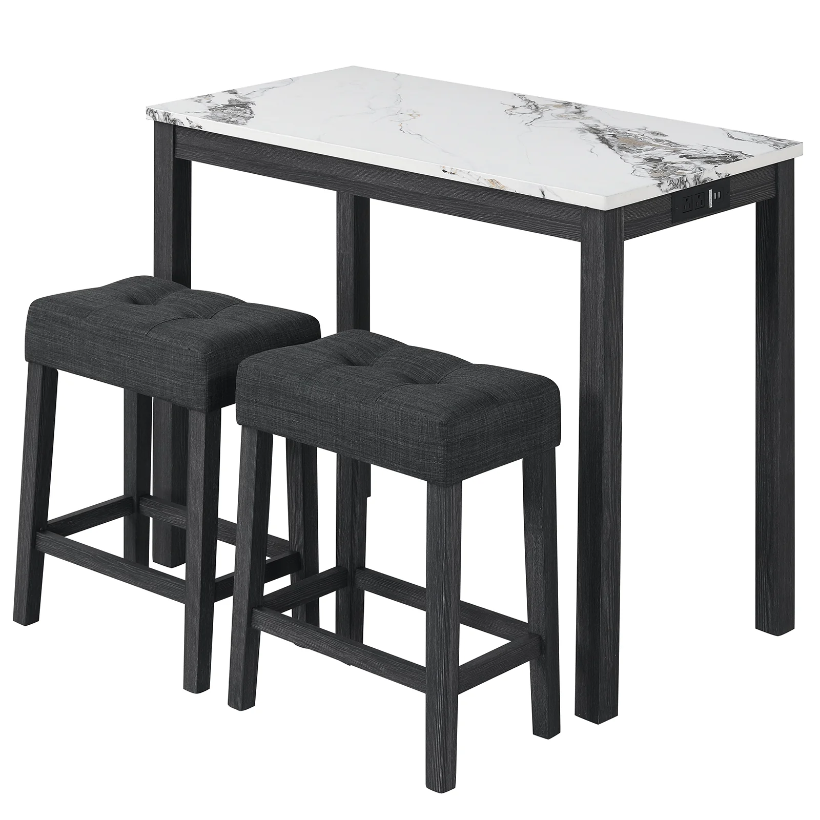3-Piece Bar Table Set with Charging Station with Faux Marble Top-WH, White