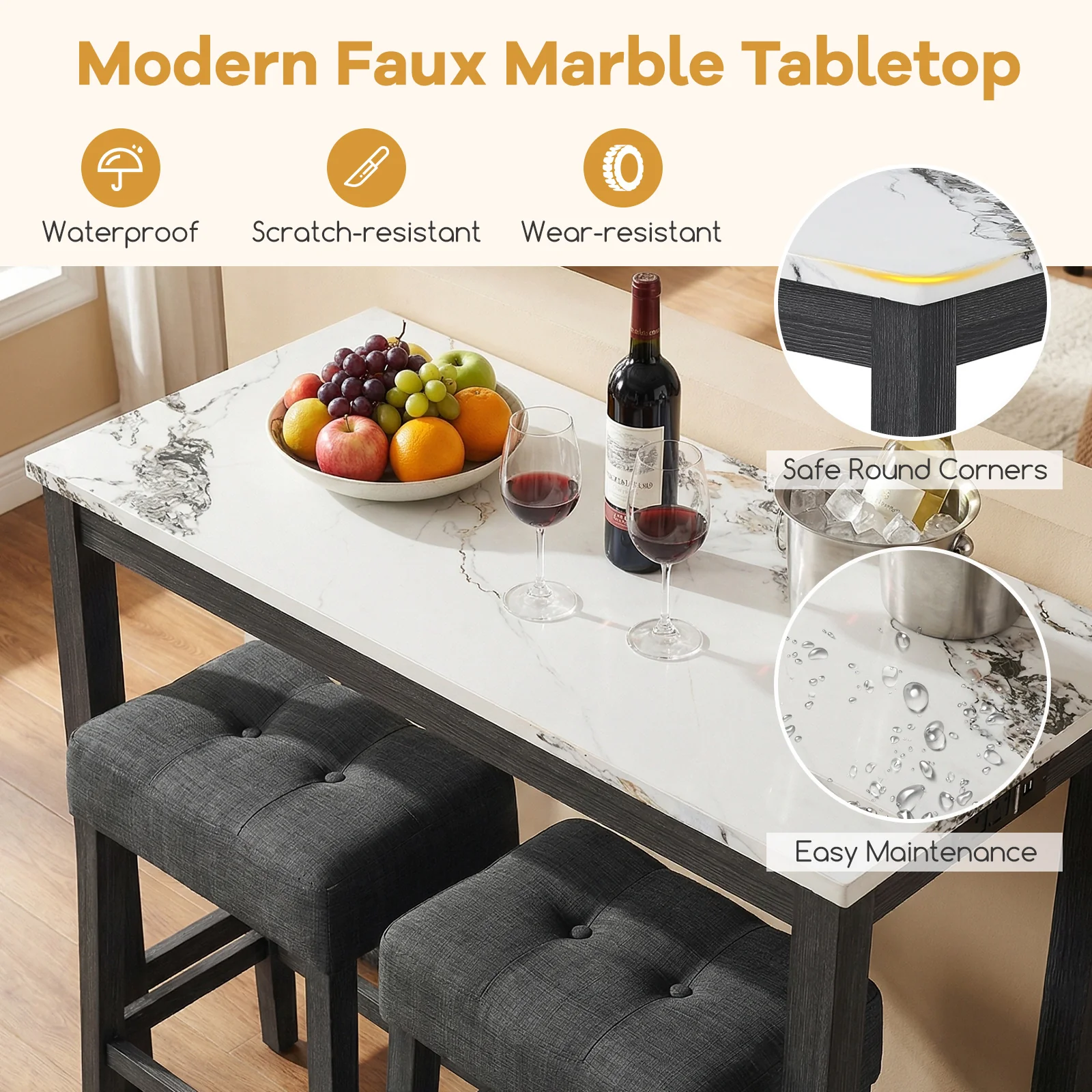 3-Piece Bar Table Set with Charging Station with Faux Marble Top-WH, White - Image 10