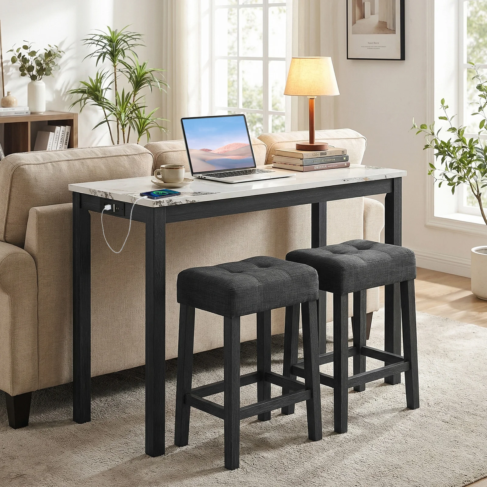 3-Piece Bar Table Set with Charging Station with Faux Marble Top-WH, White - Image 2