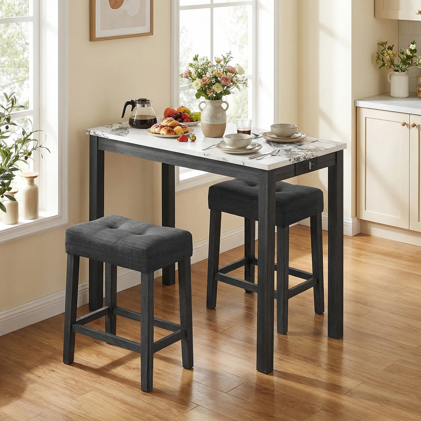 3-Piece Bar Table Set with Charging Station with Faux Marble Top-WH, White - Image 3
