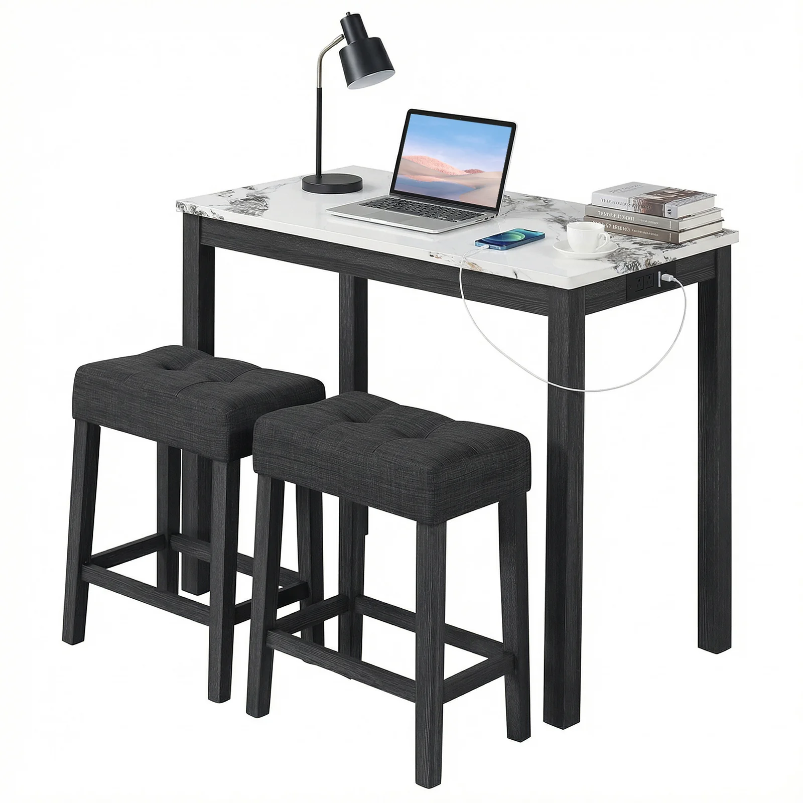 3-Piece Bar Table Set with Charging Station with Faux Marble Top-WH, White - Image 5