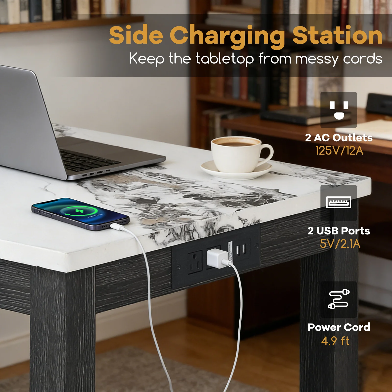 3-Piece Bar Table Set with Charging Station with Faux Marble Top-WH, White - Image 8