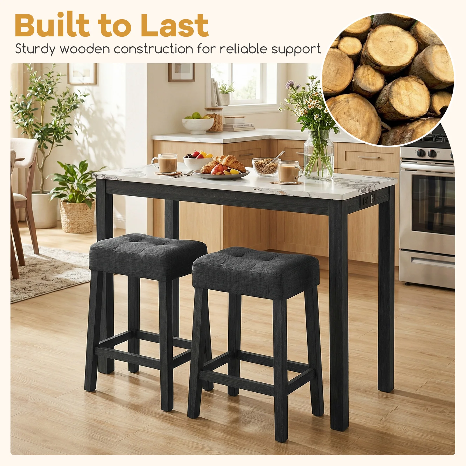 3-Piece Bar Table Set with Charging Station with Faux Marble Top-WH, White - Image 9
