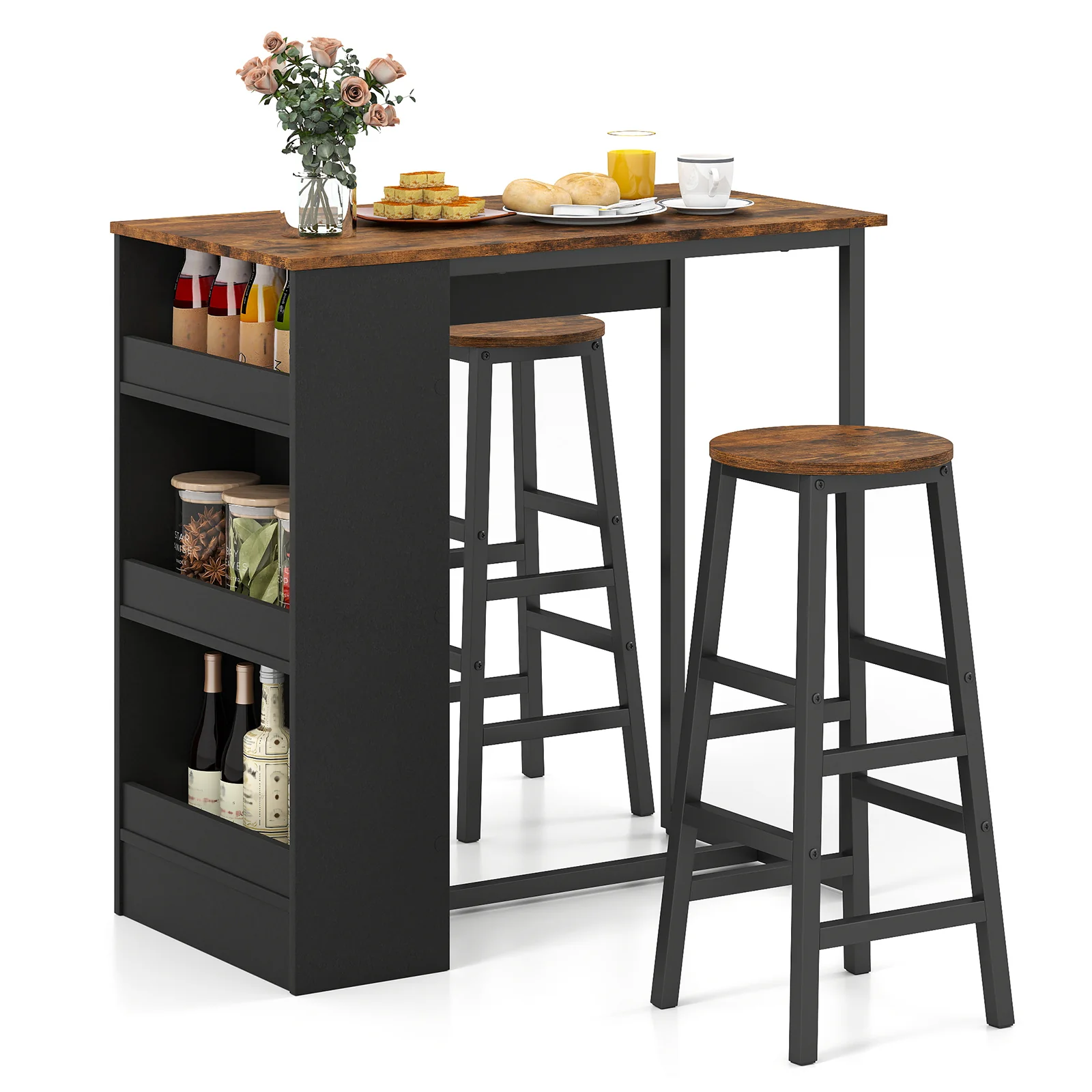 3-Piece Bar Table Set With Storage, Brown