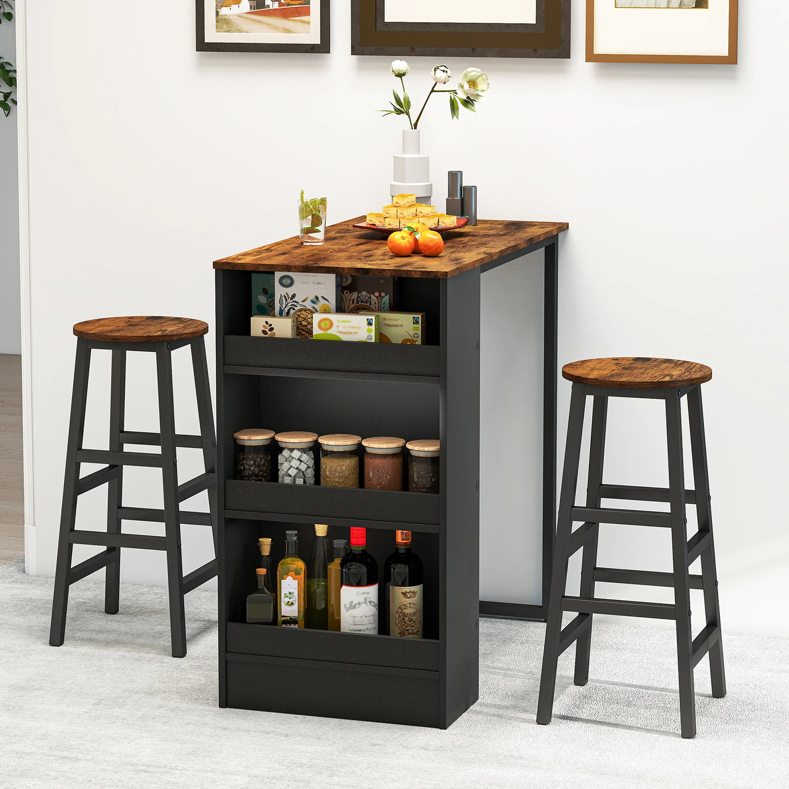 3-Piece Bar Table Set With Storage, Brown - Image 2