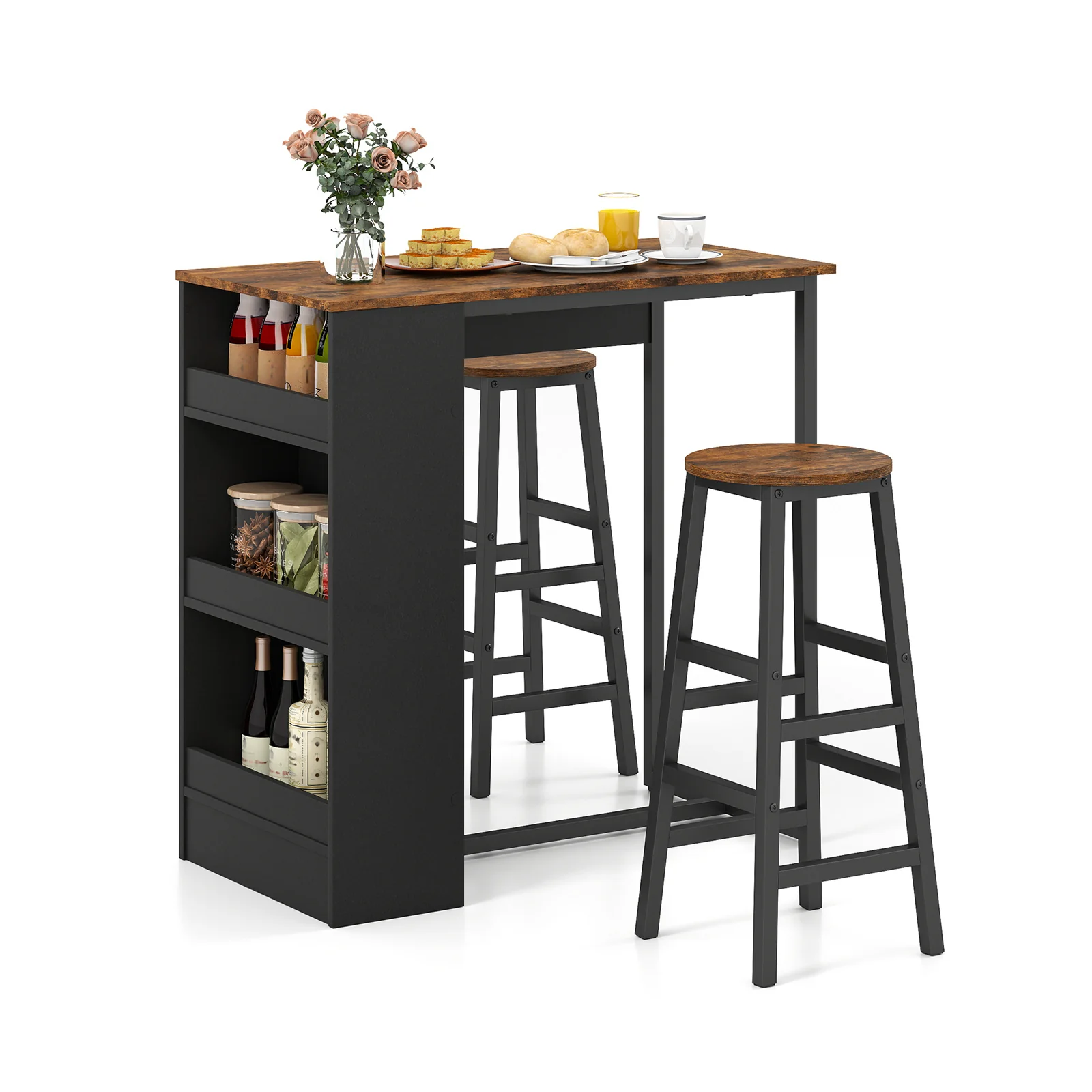 3-Piece Bar Table Set With Storage, Brown - Image 5