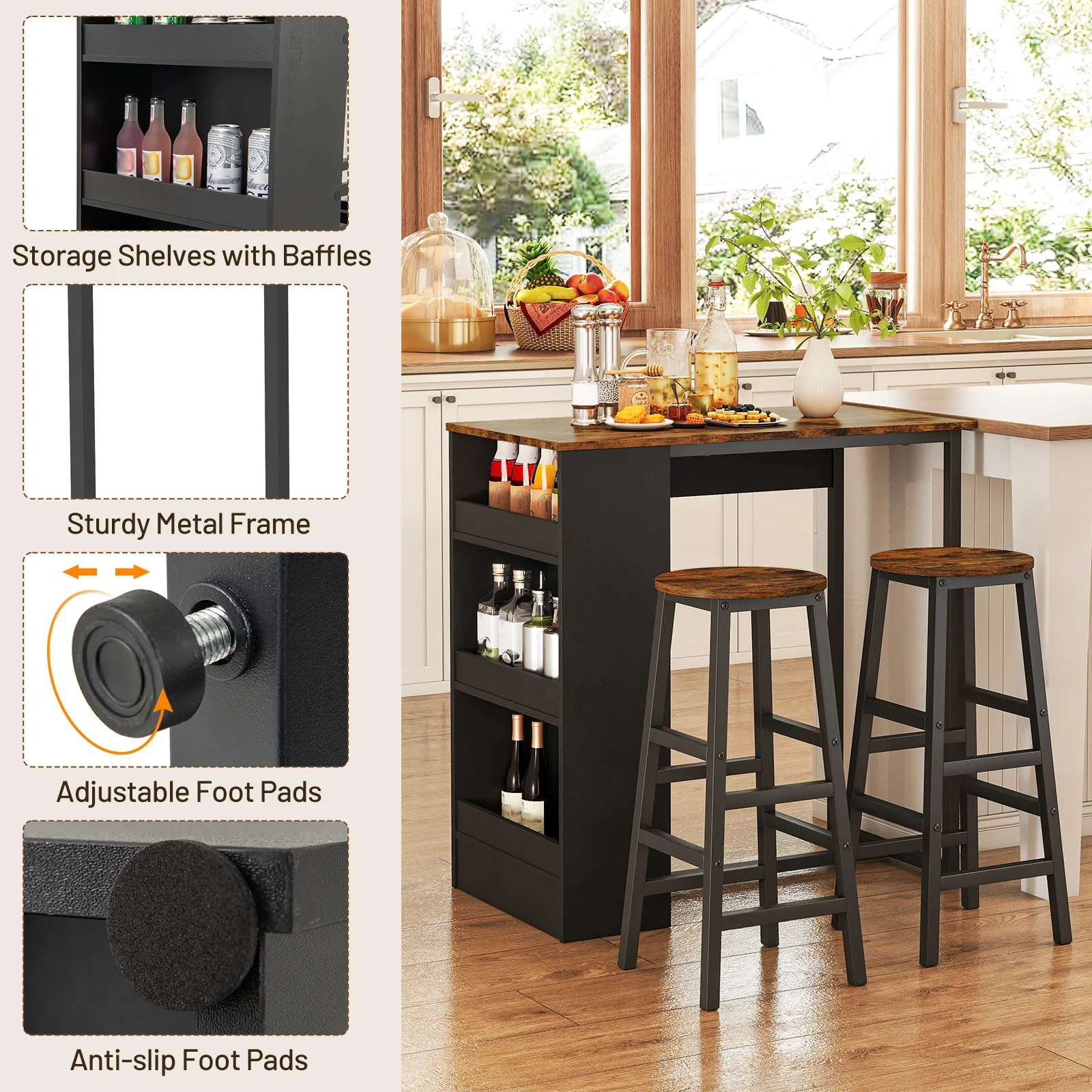 3-Piece Bar Table Set With Storage, Brown - Image 7