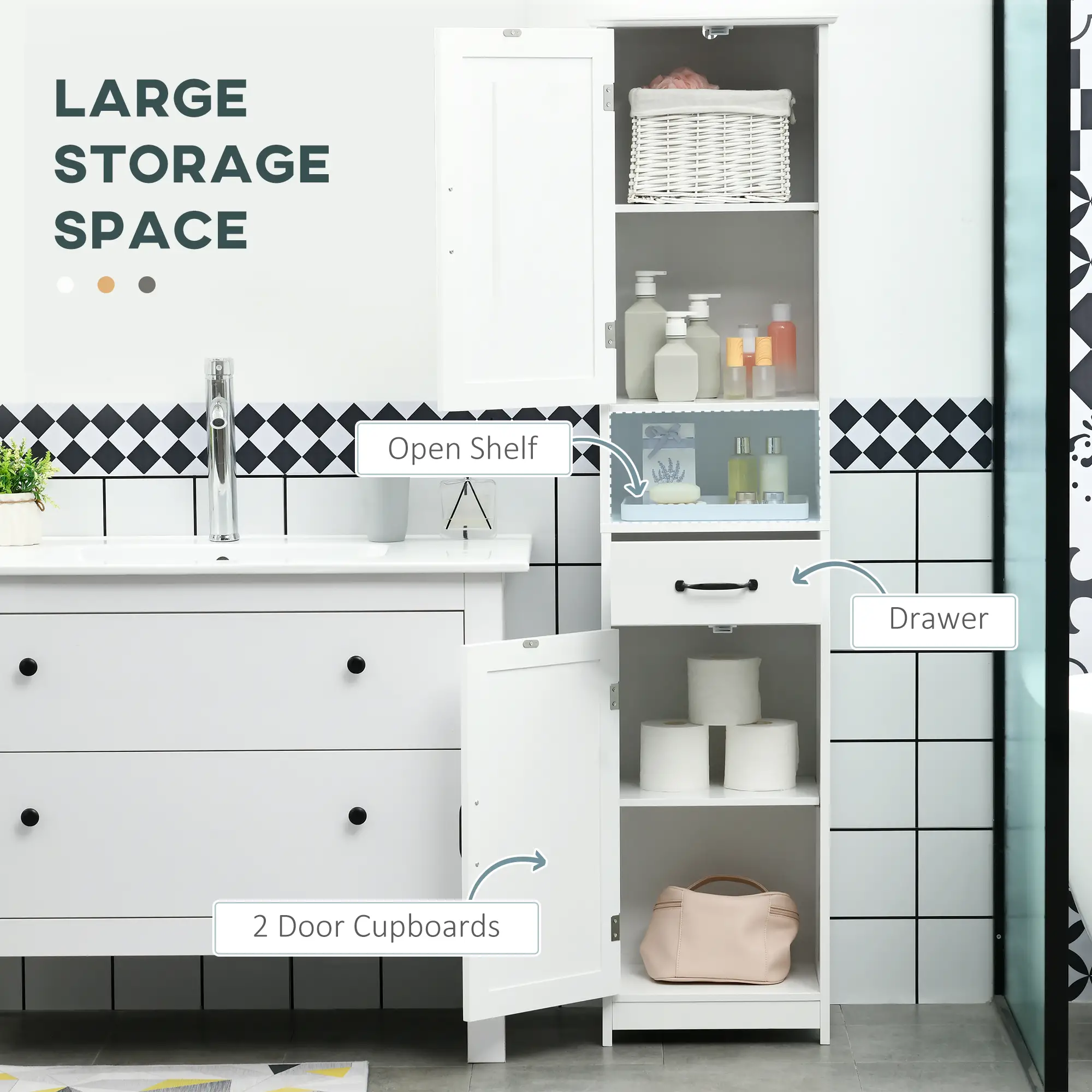 3-Piece Bathroom Furniture Set, Storage Cabinet with Drawers, Shelves, White - Image 6