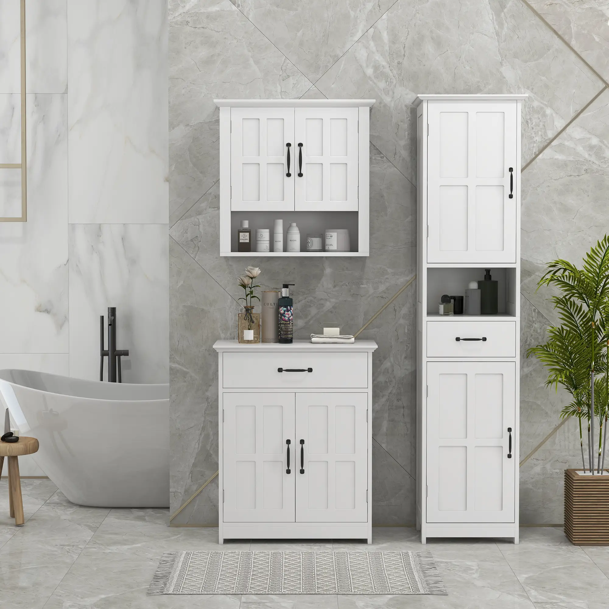 3-Piece Bathroom Furniture Set, Storage Cabinet with Drawers, Shelves, White - Image 8