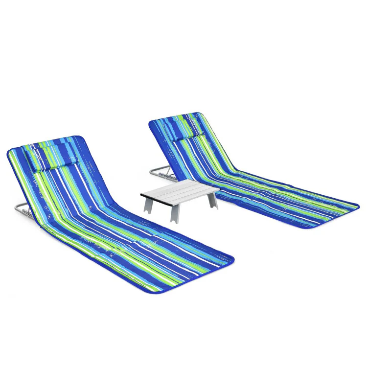 3 Piece Beach Lounge Chair Mat Set, 2 Adjustable Chairs With Table, Stripe-Stripe, Blue & Green
