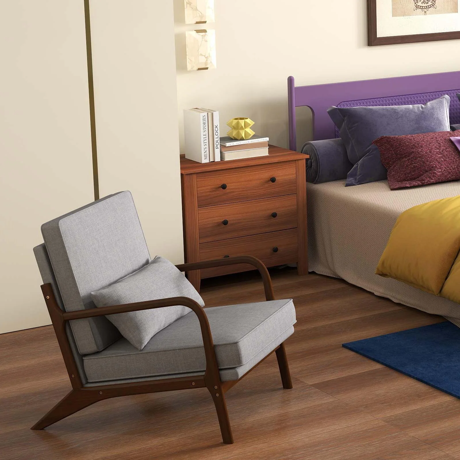 3-Piece Bedroom Bundle, Bedside Table With 3 Drawers, Modern Accent Chair, Convertible Folding Futon Sofa Bed - Image 3