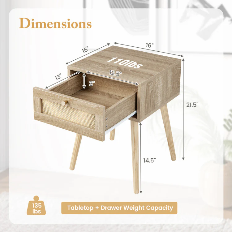 3-Piece Bedroom Set, Queen Bed, 2 Rattan Nightstands, 3-Globe Floor Lamp - Image 8