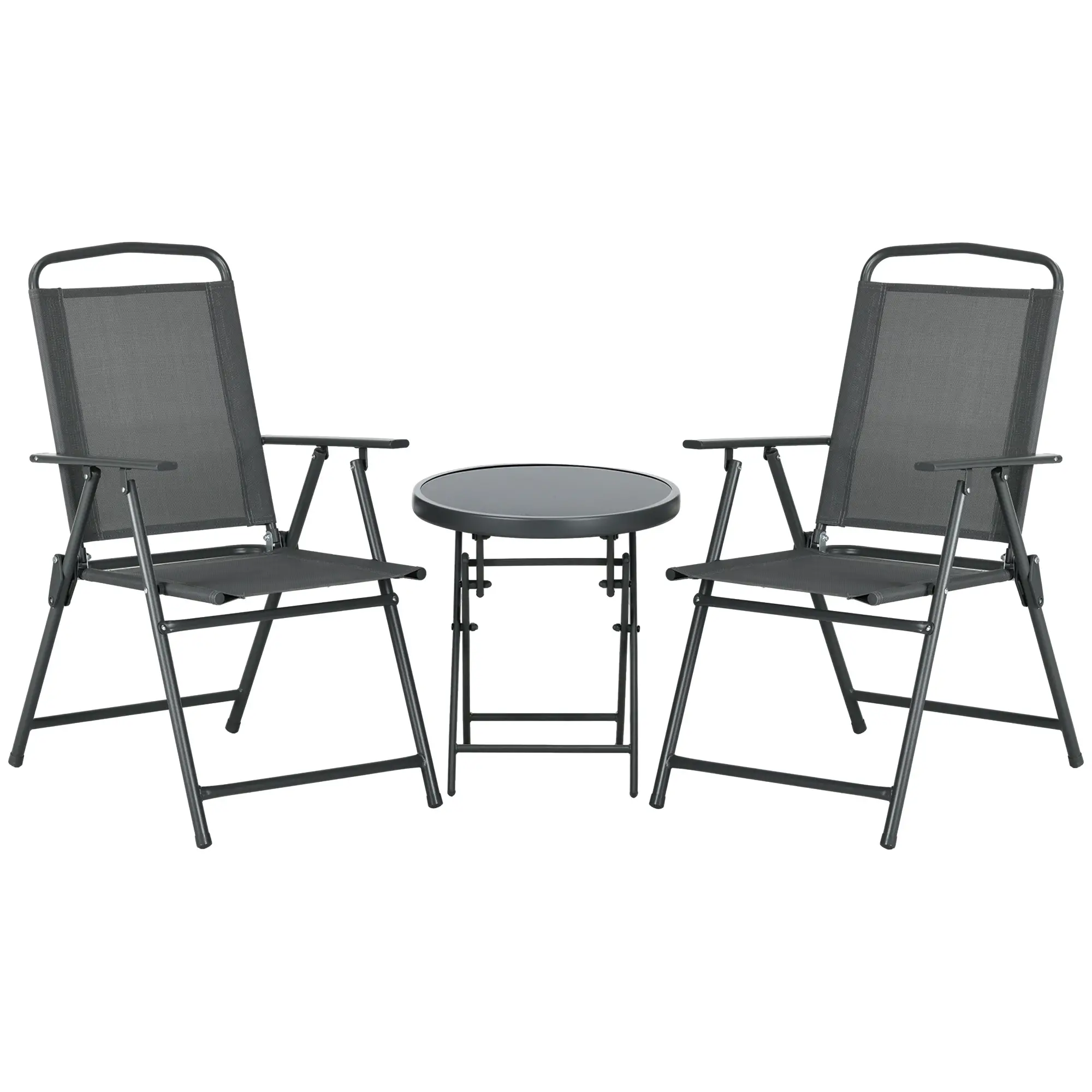 3 Piece Bistro Set, Foldable Mesh Chairs, Glass Table, Charcoal Grey - Image 11
