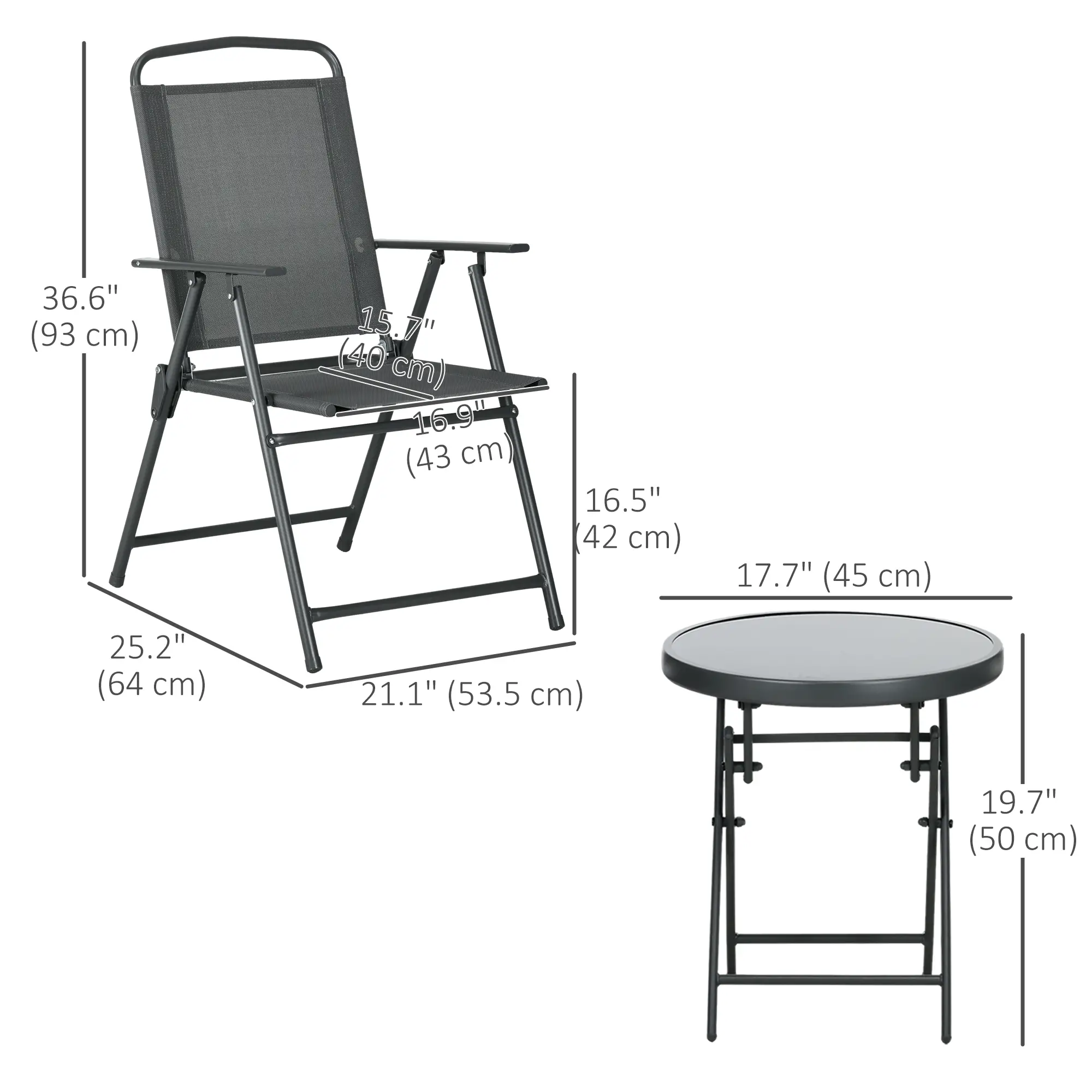 3 Piece Bistro Set, Foldable Mesh Chairs, Glass Table, Charcoal Grey - Image 3