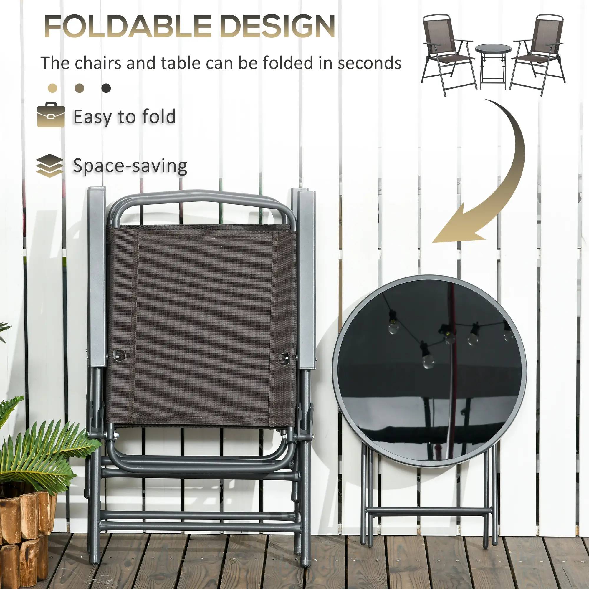 3 Piece Bistro Set, Foldable Mesh Chairs, Glass Table, Charcoal Grey - Image 4