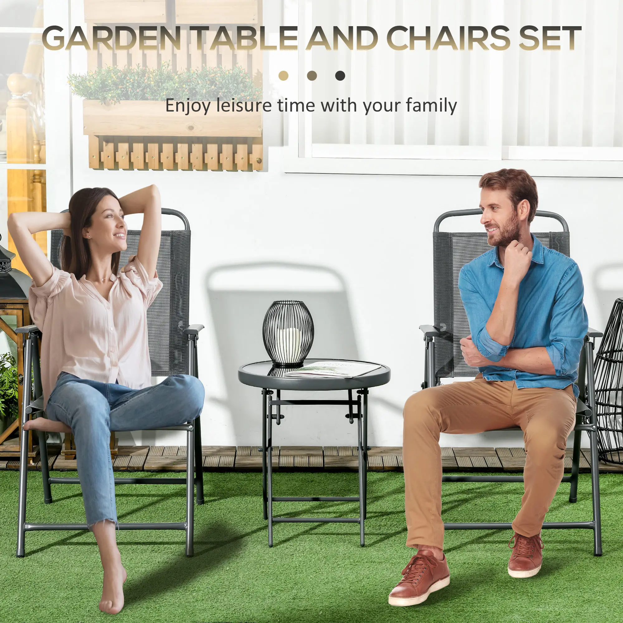 3 Piece Bistro Set, Foldable Mesh Chairs, Glass Table, Charcoal Grey - Image 5