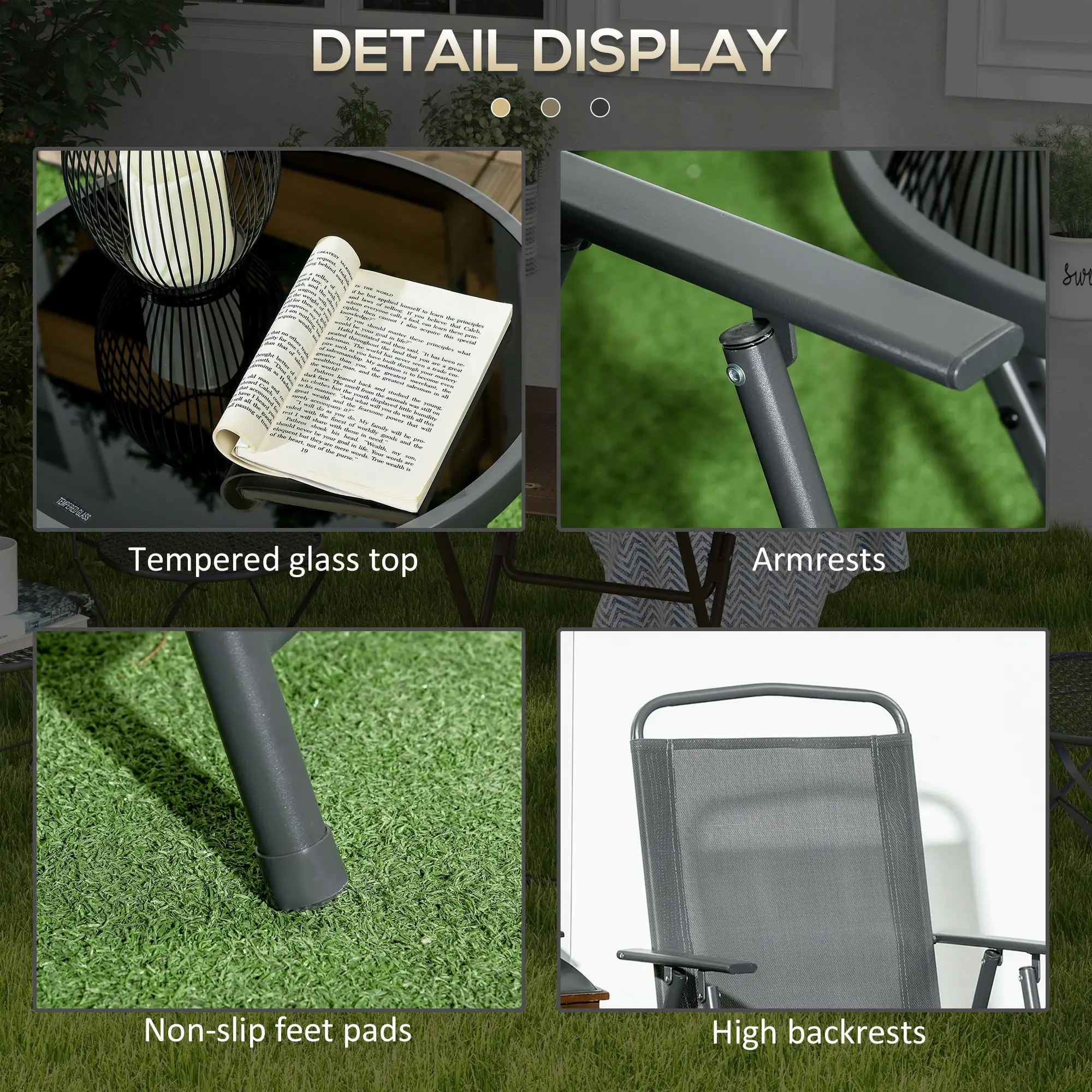 3 Piece Bistro Set, Foldable Mesh Chairs, Glass Table, Charcoal Grey - Image 7