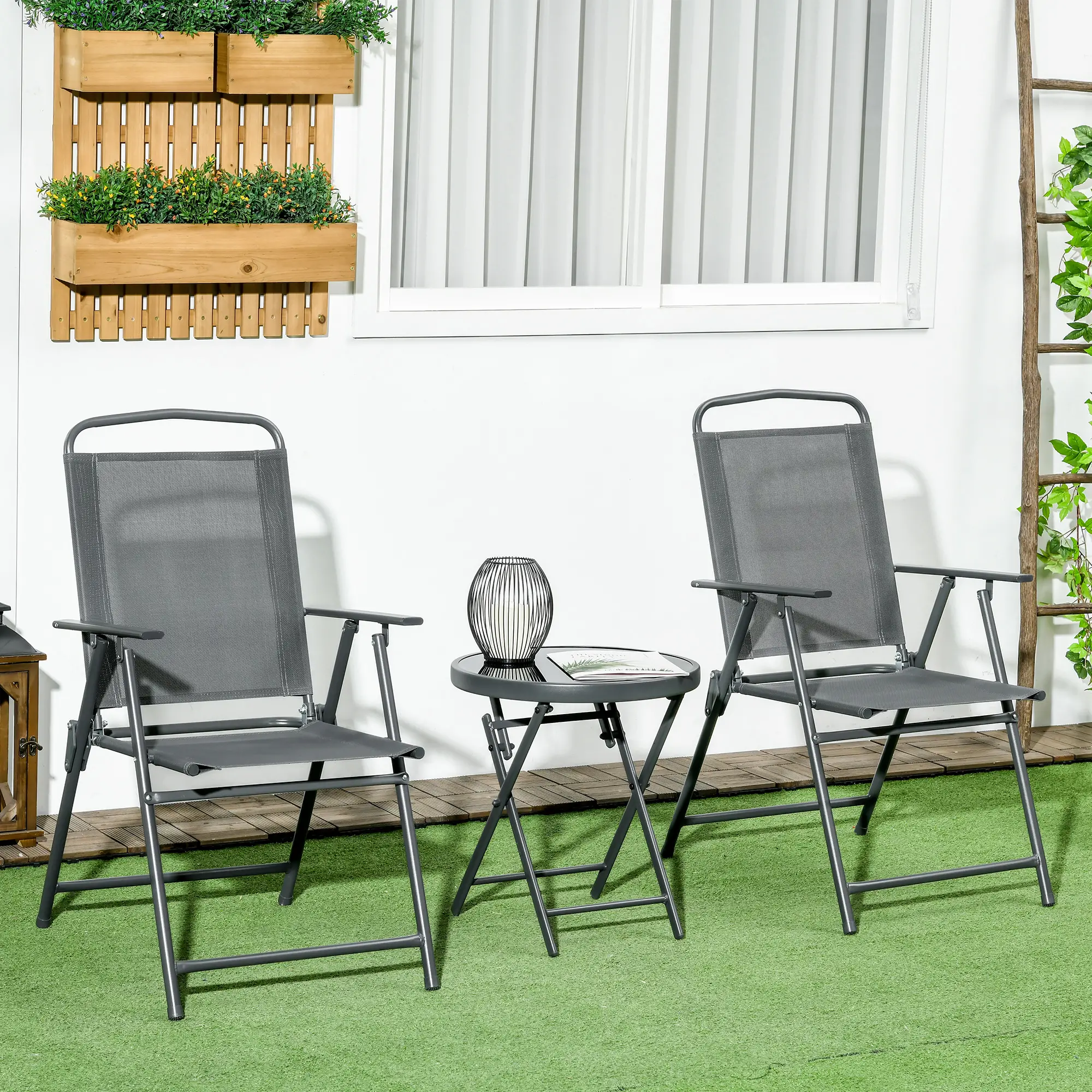 3 Piece Bistro Set, Foldable Mesh Chairs, Glass Table, Charcoal Grey - Image 8