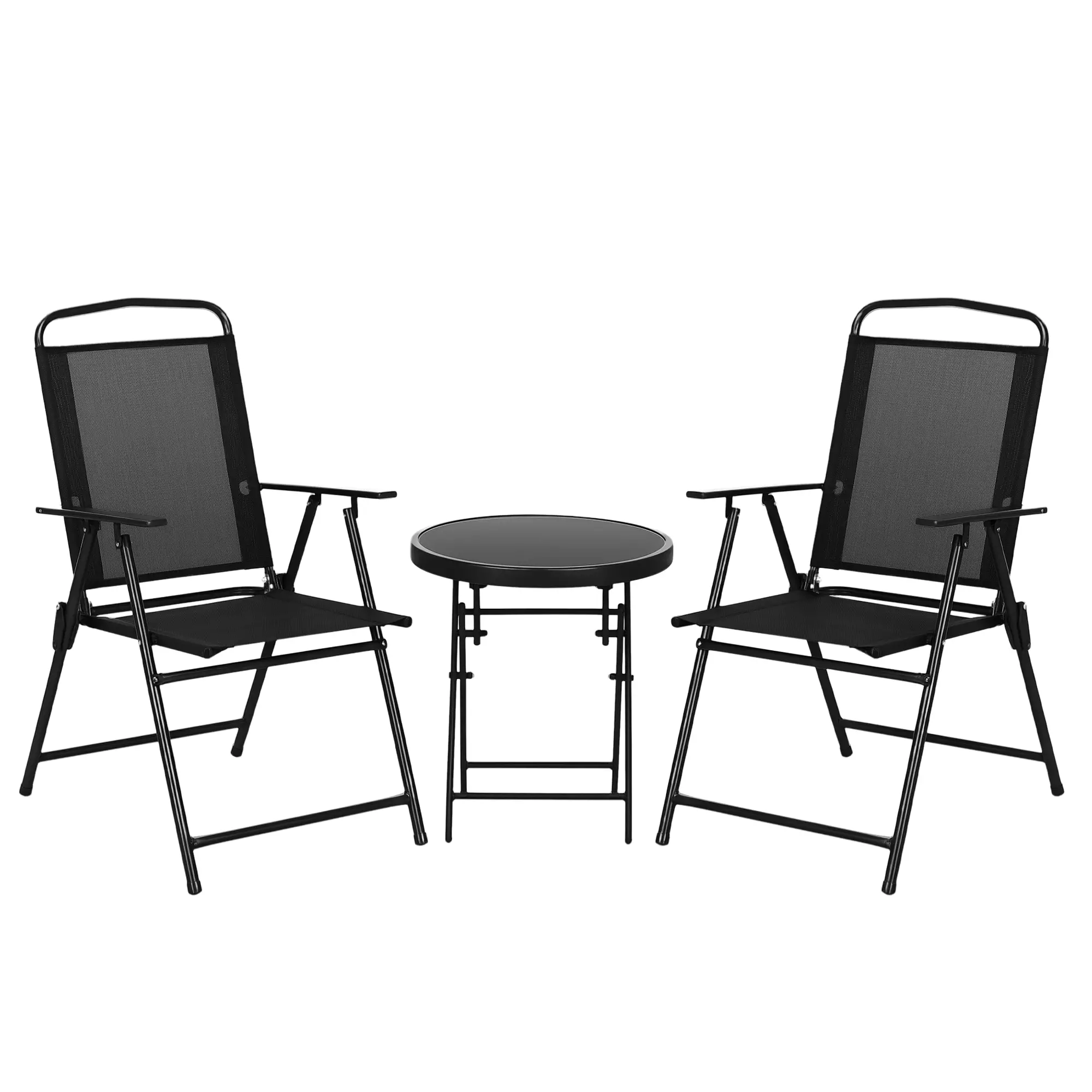 3-Piece Bistro Set, Foldable Patio Furniture, Mesh Chairs, Glass Table, Black - Image 11