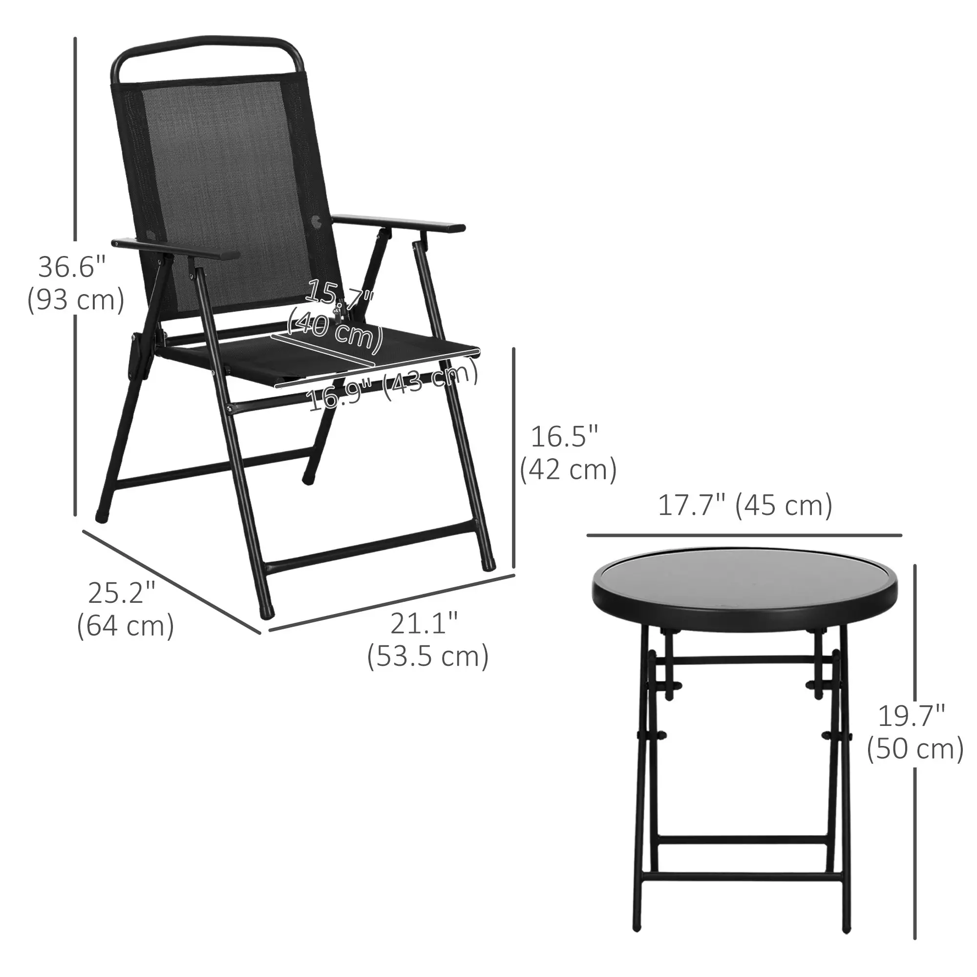 3-Piece Bistro Set, Foldable Patio Furniture, Mesh Chairs, Glass Table, Black - Image 3