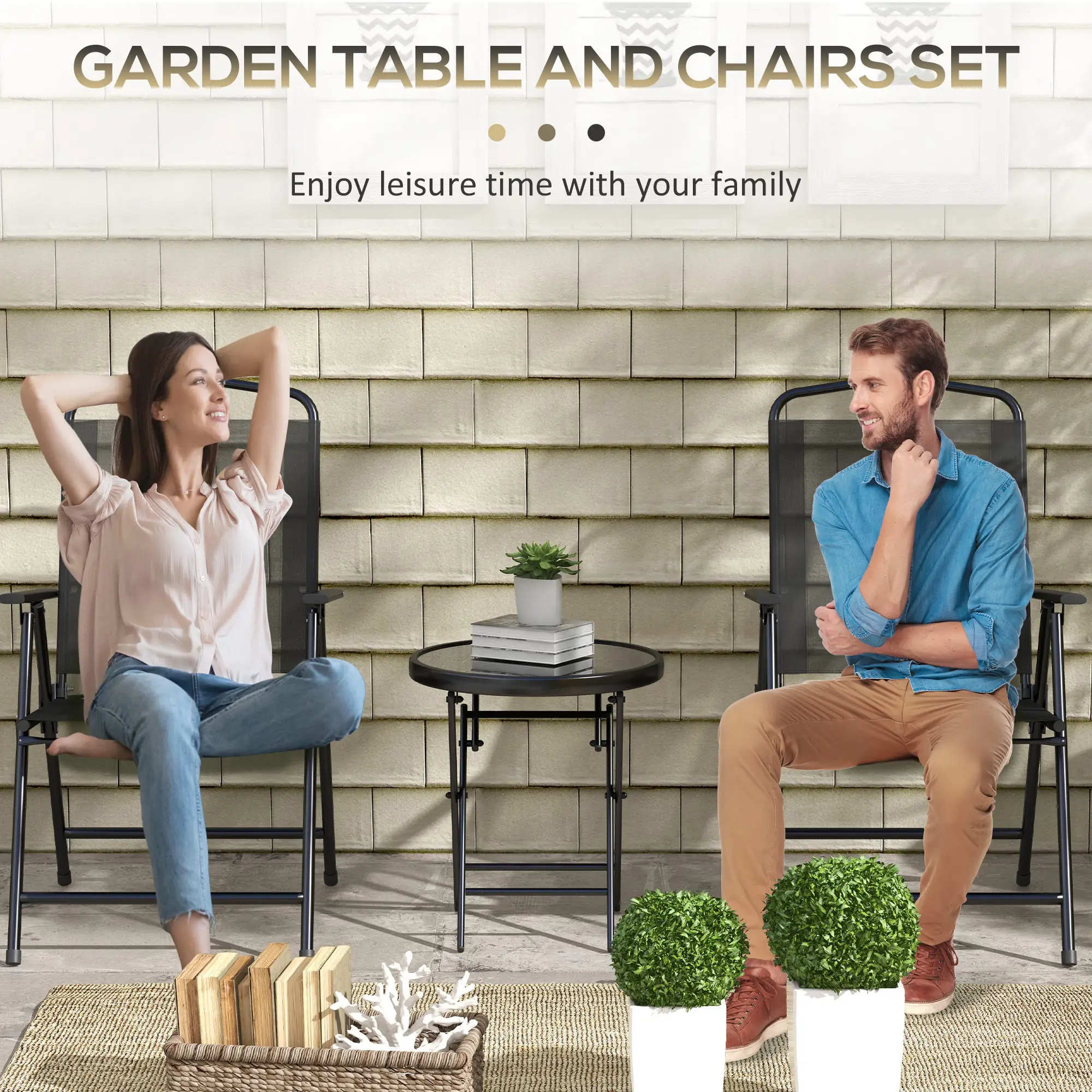 3-Piece Bistro Set, Foldable Patio Furniture, Mesh Chairs, Glass Table, Black - Image 4