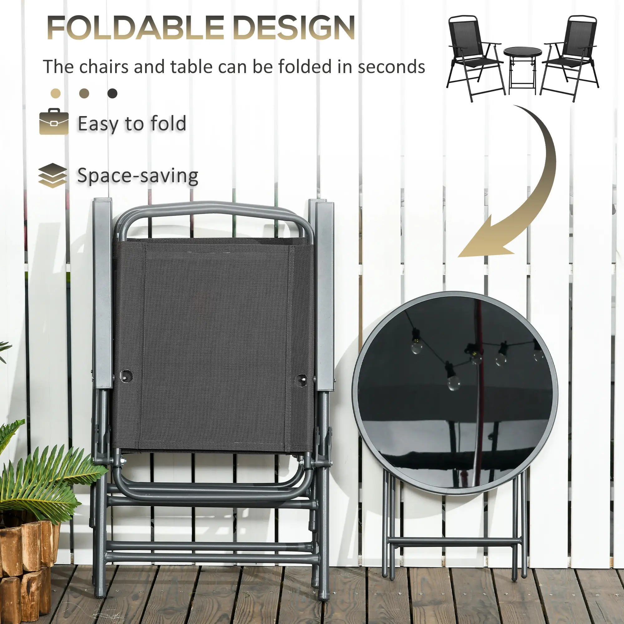 3-Piece Bistro Set, Foldable Patio Furniture, Mesh Chairs, Glass Table, Black - Image 5