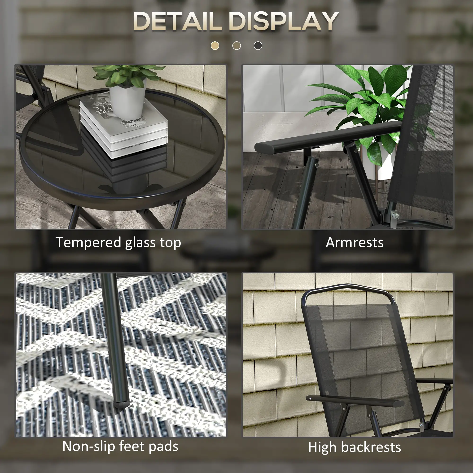 3-Piece Bistro Set, Foldable Patio Furniture, Mesh Chairs, Glass Table, Black - Image 7