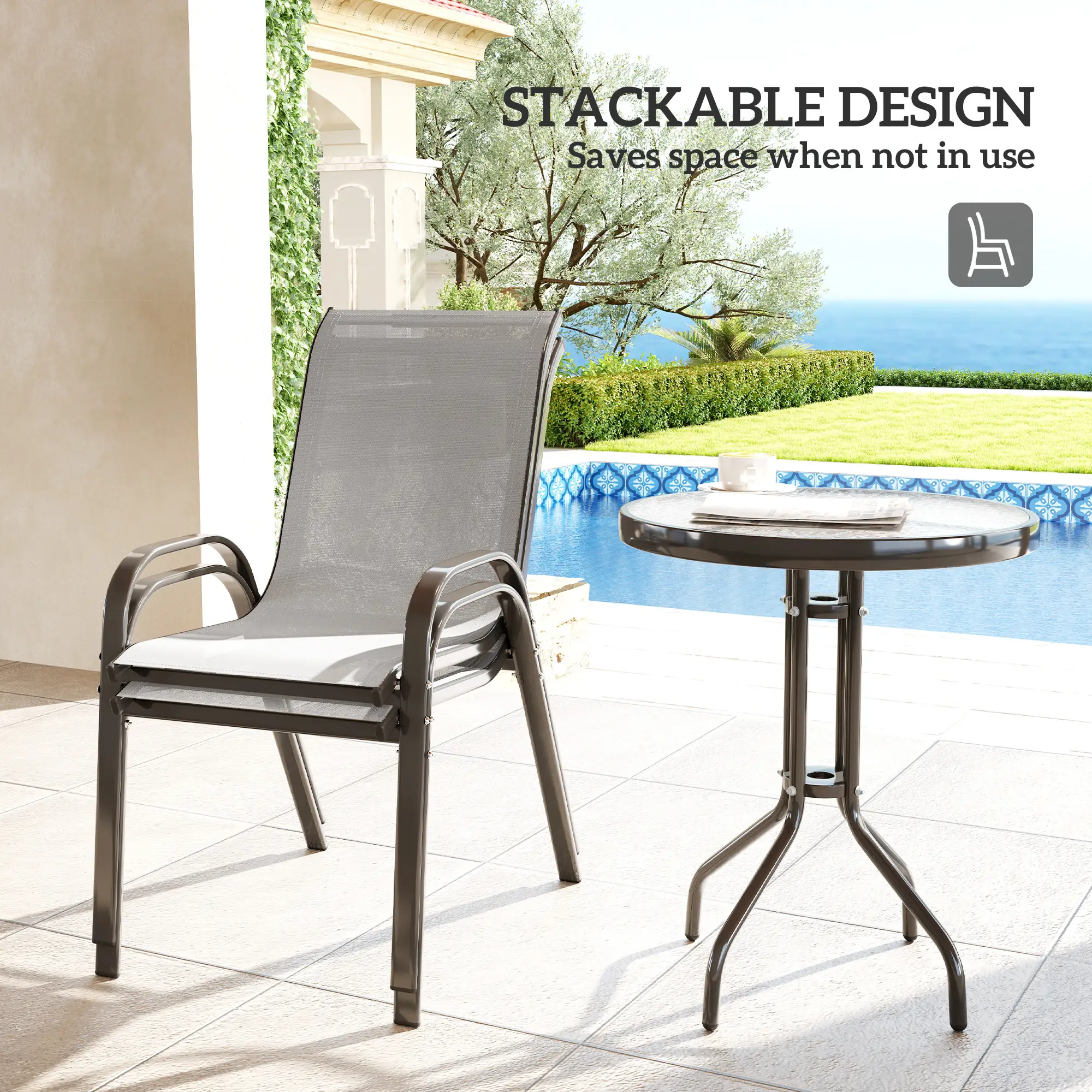 3 Piece Bistro Set, Small Patio Furniture, Stackable Mesh Chairs, Glass Table, Light Grey - Image 5