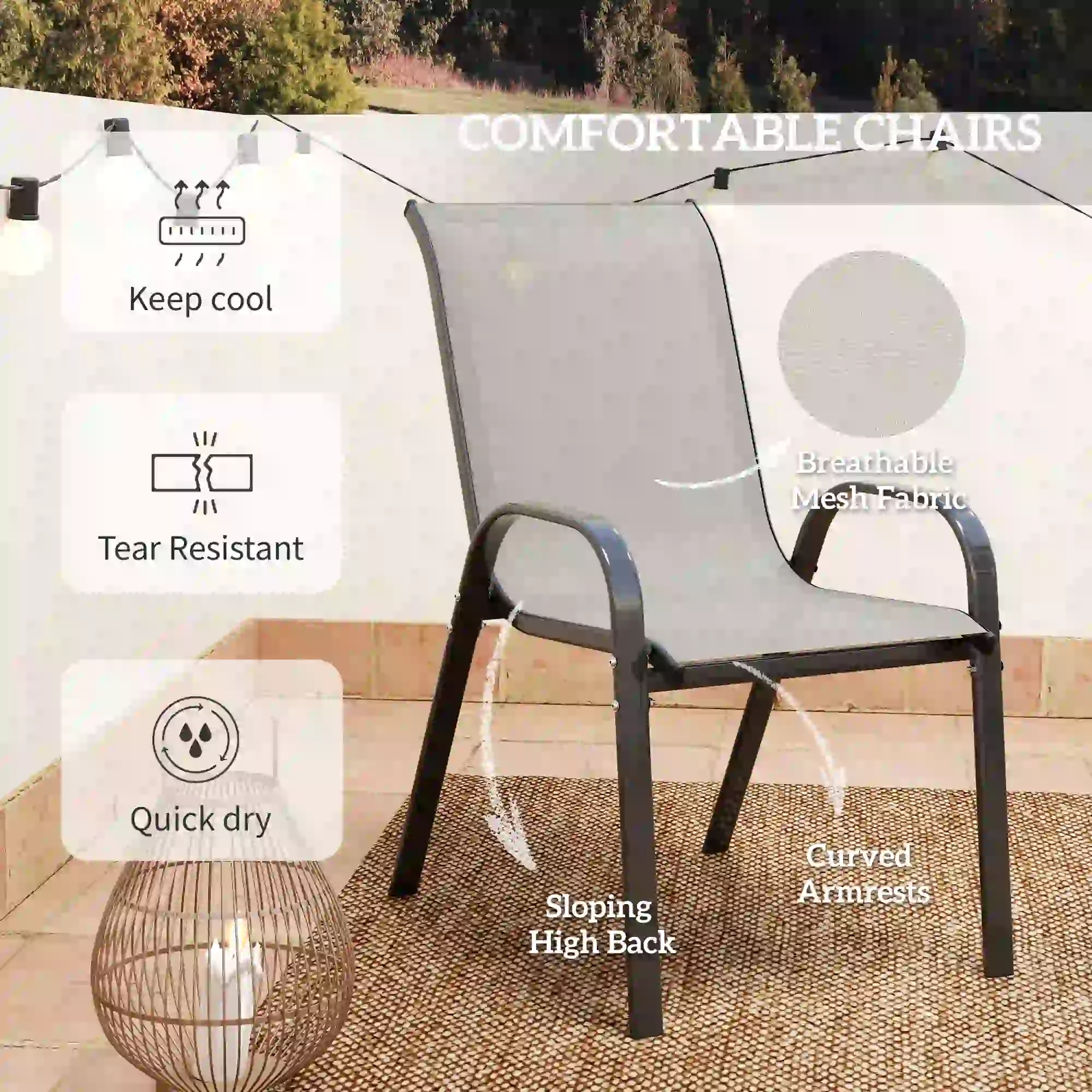 3 Piece Bistro Set, Small Patio Furniture, Stackable Mesh Chairs, Glass Table, Light Grey - Image 6