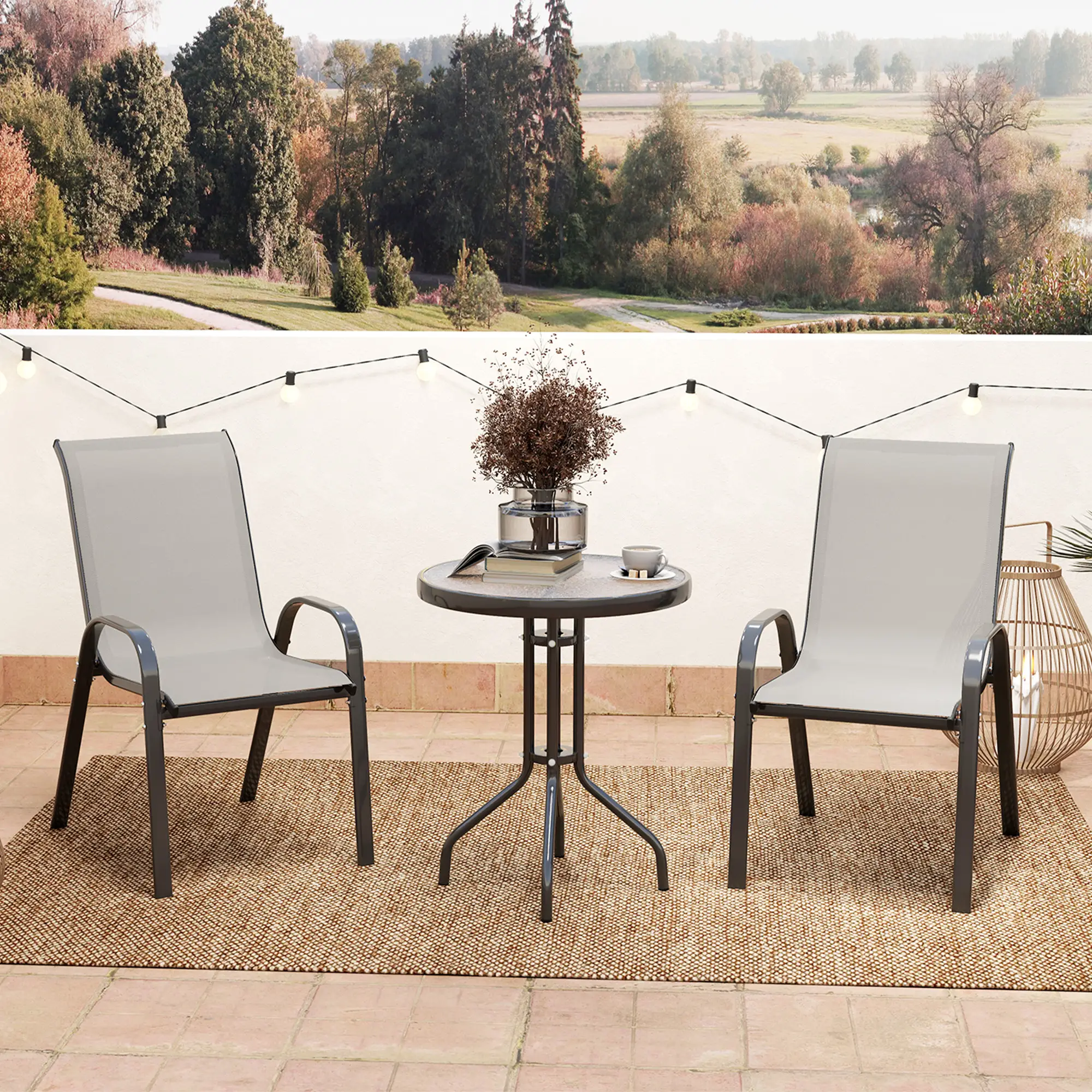 3 Piece Bistro Set, Small Patio Furniture, Stackable Mesh Chairs, Glass Table, Light Grey - Image 8