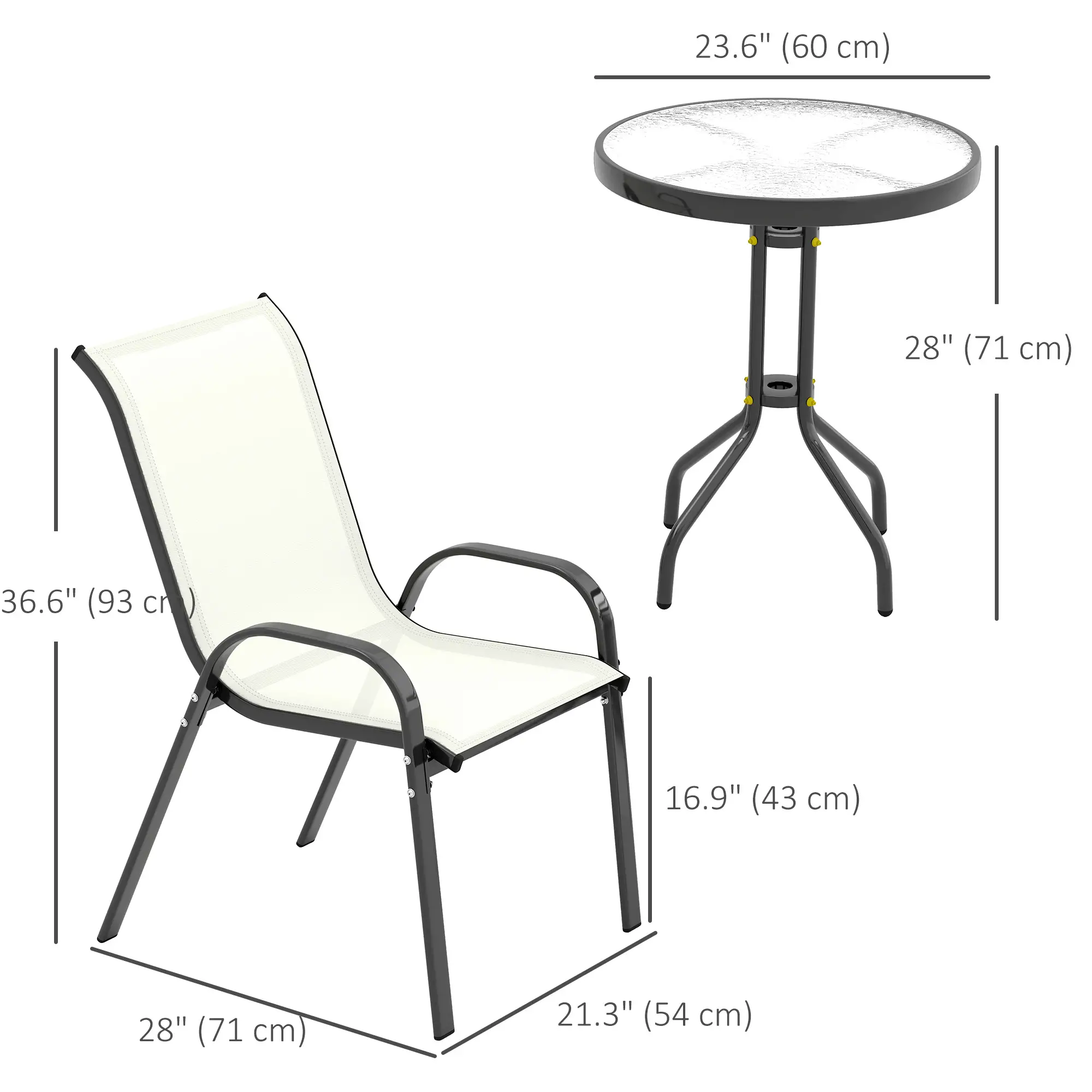 3 Piece Bistro Set, Stackable Mesh Chairs, Glass Table, Beige - Image 3