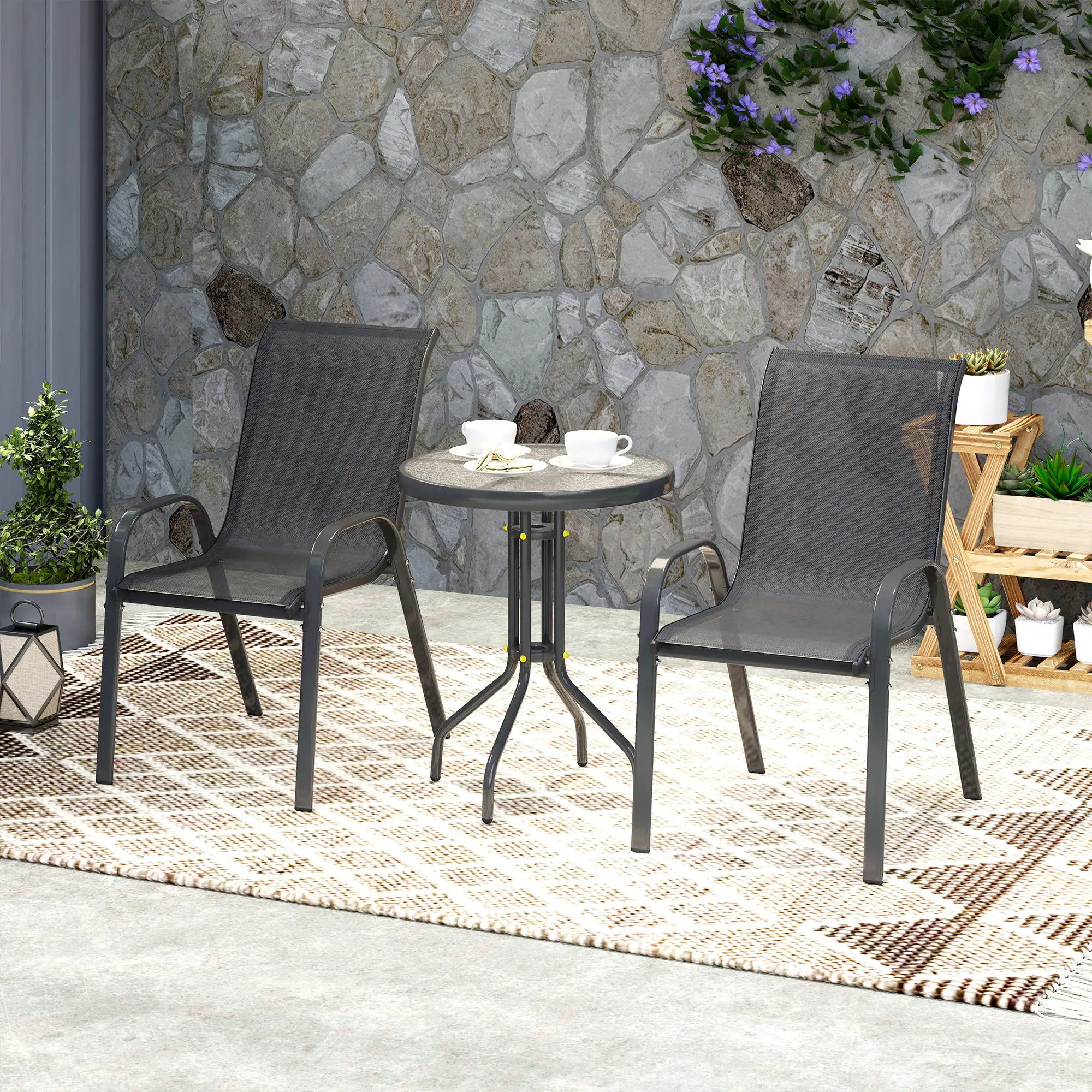 3 Piece Bistro Set, Stackable Mesh Chairs, Glass Table, Black - Image 10