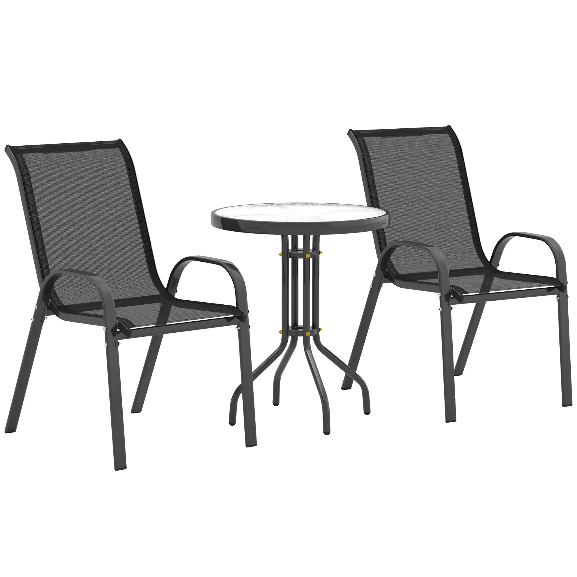 3 Piece Bistro Set, Stackable Mesh Chairs, Glass Table, Black - Image 11