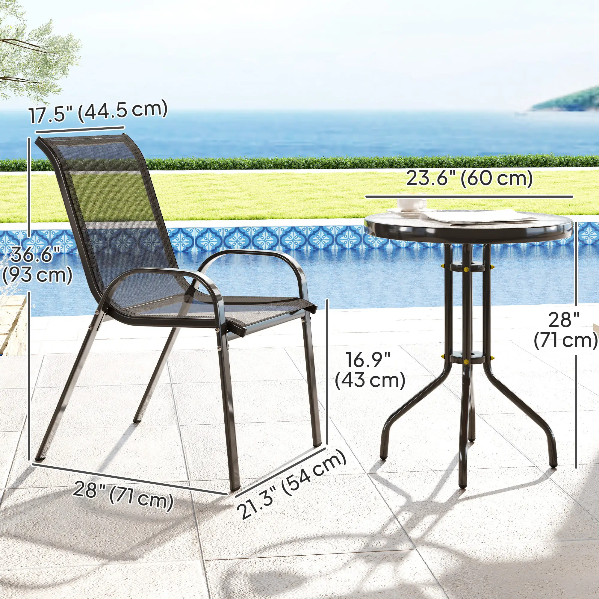3 Piece Bistro Set, Stackable Mesh Chairs, Glass Table, Black - Image 3