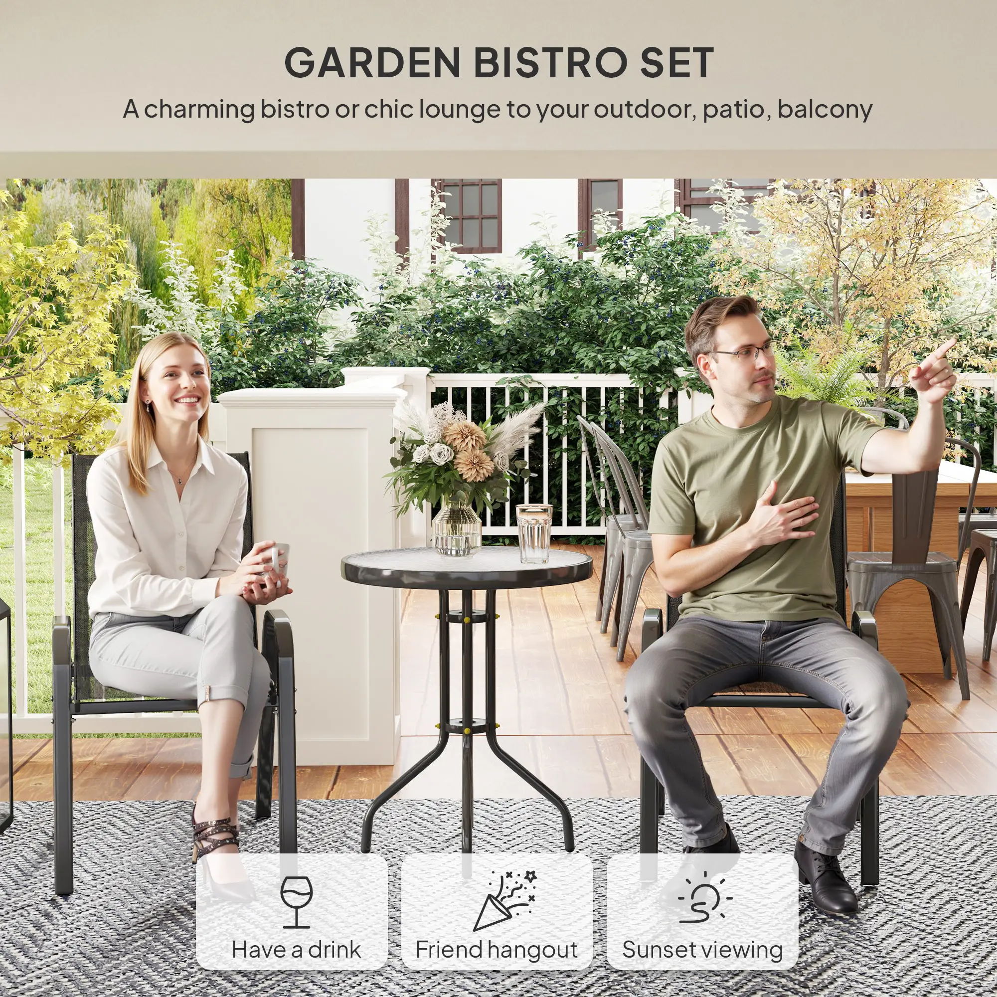 3 Piece Bistro Set, Stackable Mesh Chairs, Glass Table, Black - Image 4