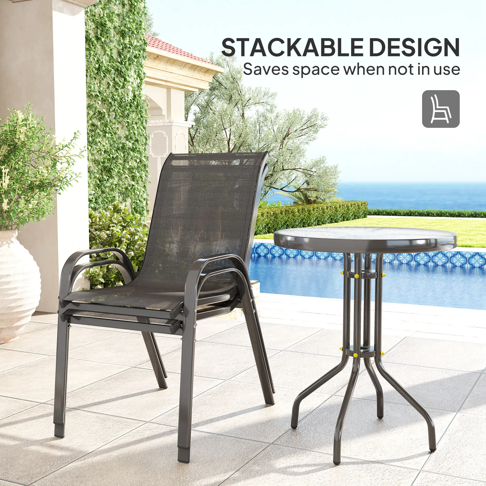 3 Piece Bistro Set, Stackable Mesh Chairs, Glass Table, Black - Image 5