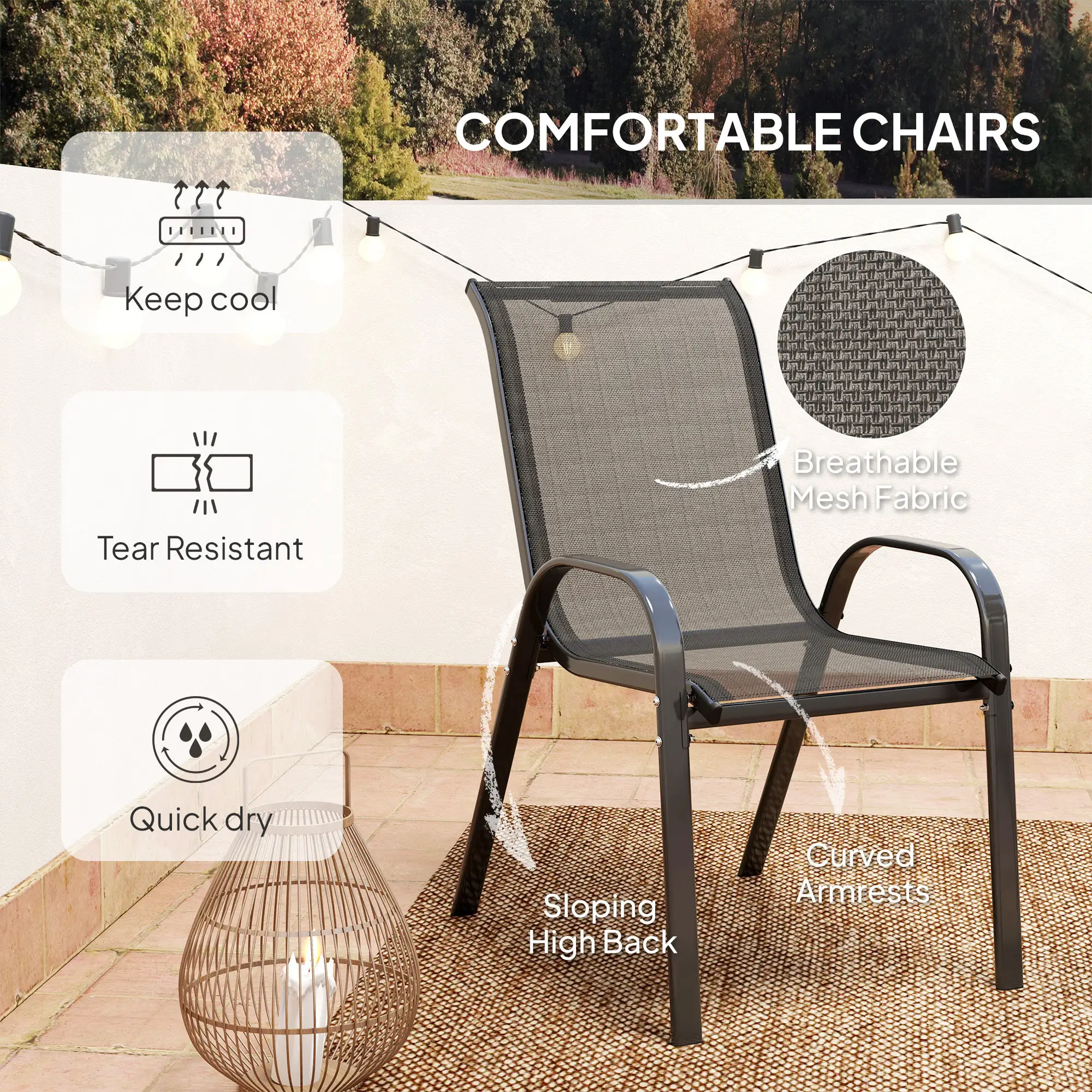 3 Piece Bistro Set, Stackable Mesh Chairs, Glass Table, Black - Image 6