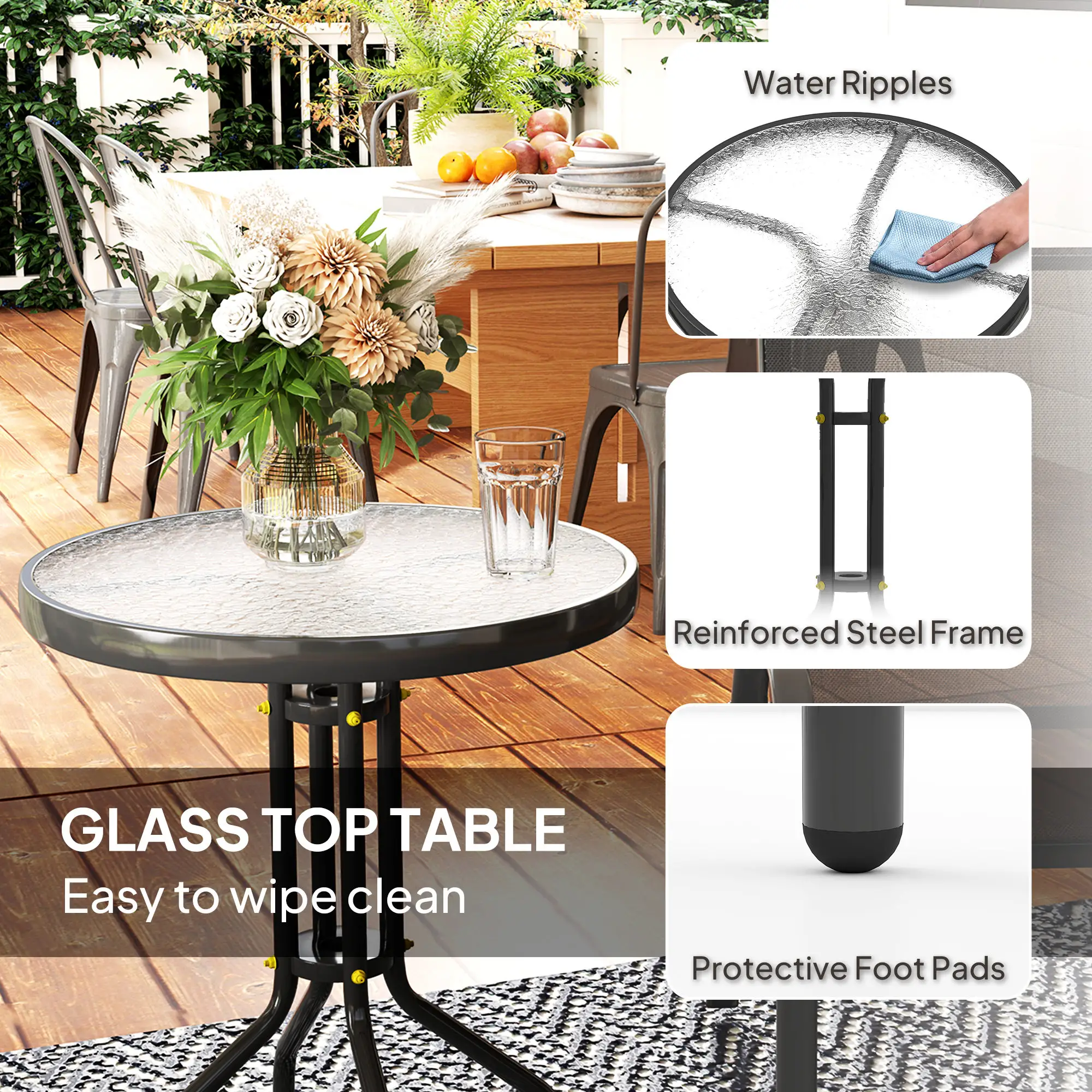 3 Piece Bistro Set, Stackable Mesh Chairs, Glass Table, Black - Image 7