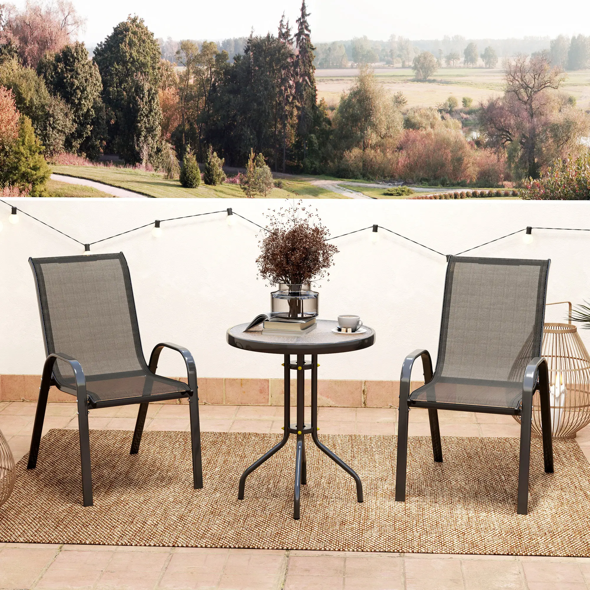 3 Piece Bistro Set, Stackable Mesh Chairs, Glass Table, Black - Image 8
