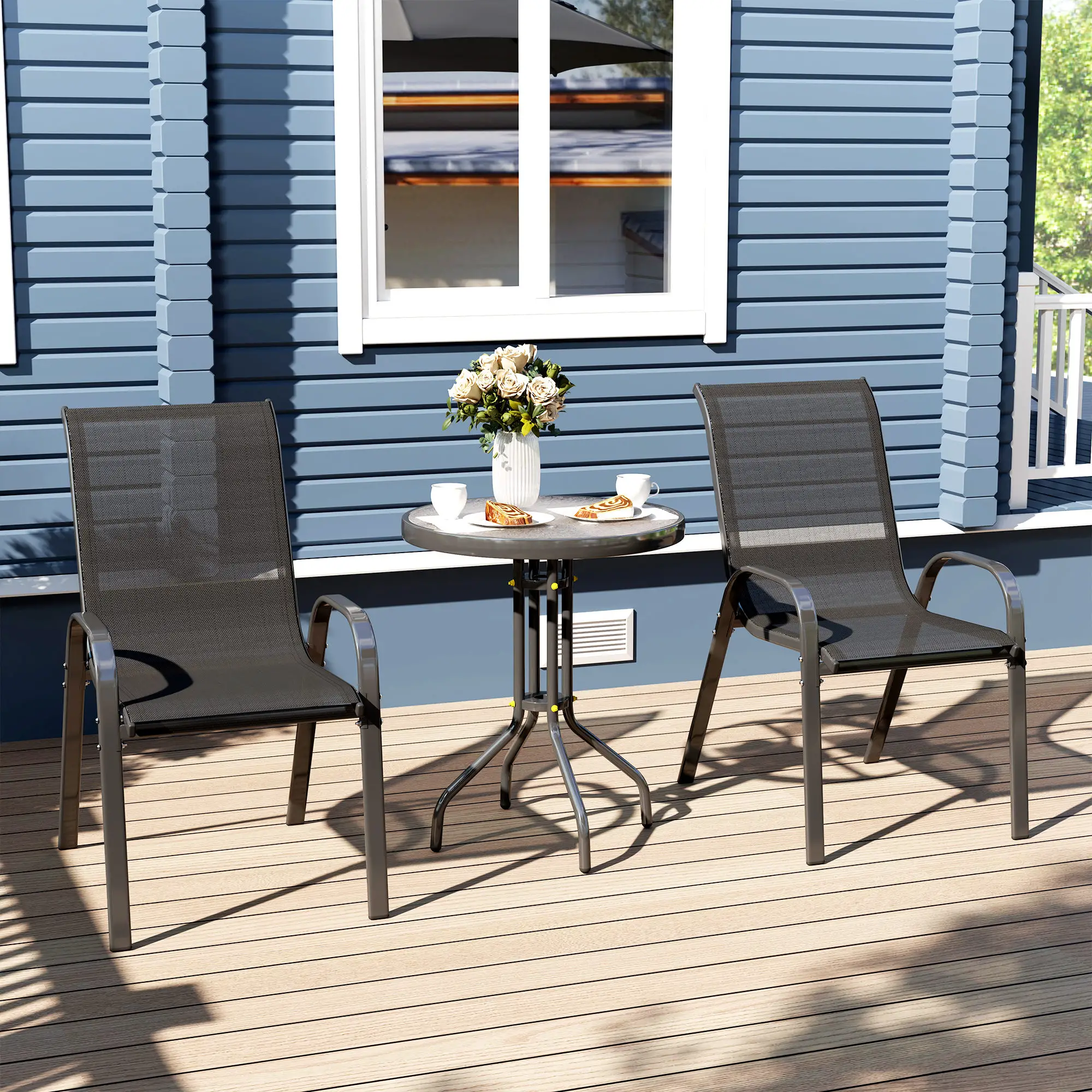 3 Piece Bistro Set, Stackable Mesh Chairs, Glass Table, Black - Image 9