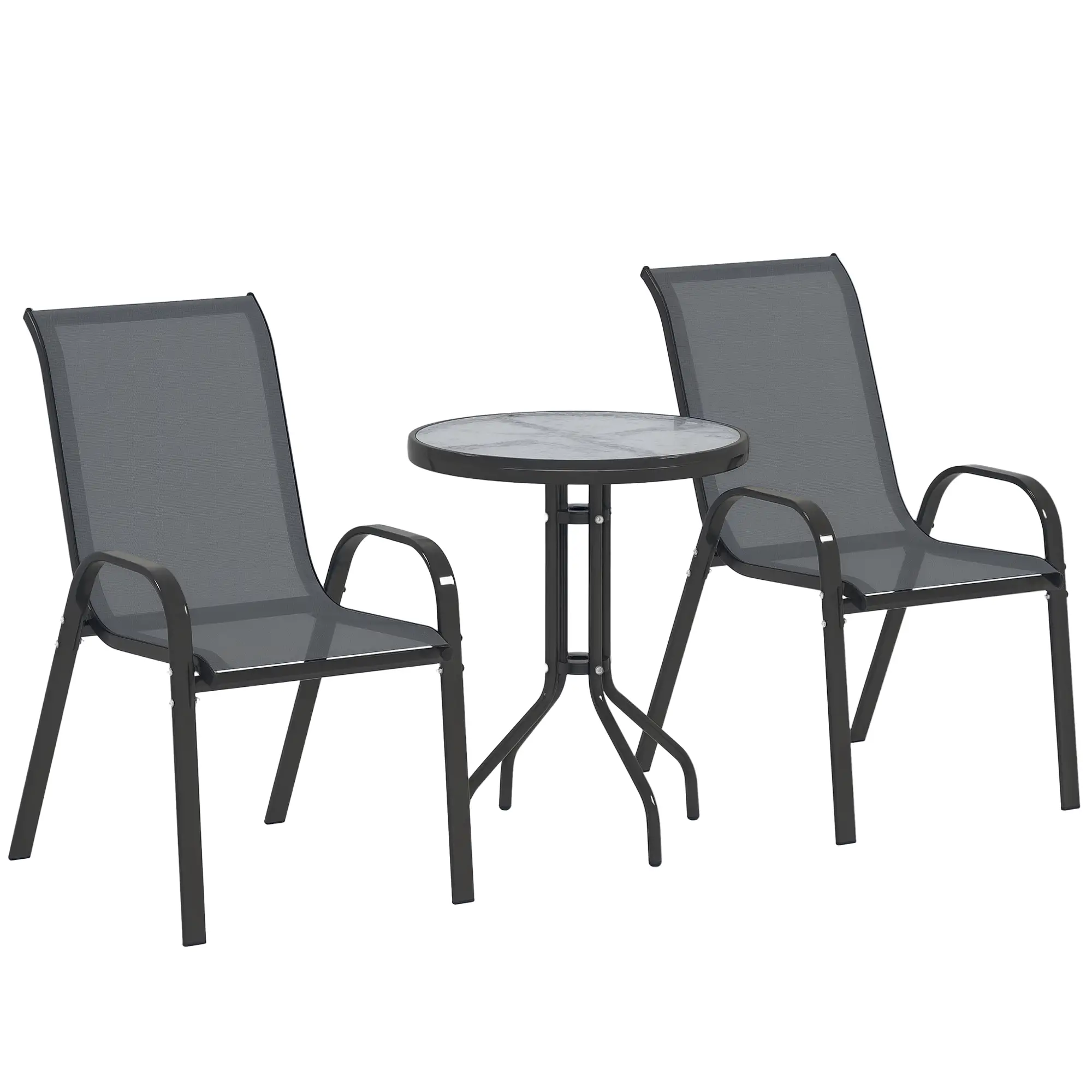 3 Piece Bistro Set, Stackable Mesh Chairs, Glass Table, Dark Grey - Image 11