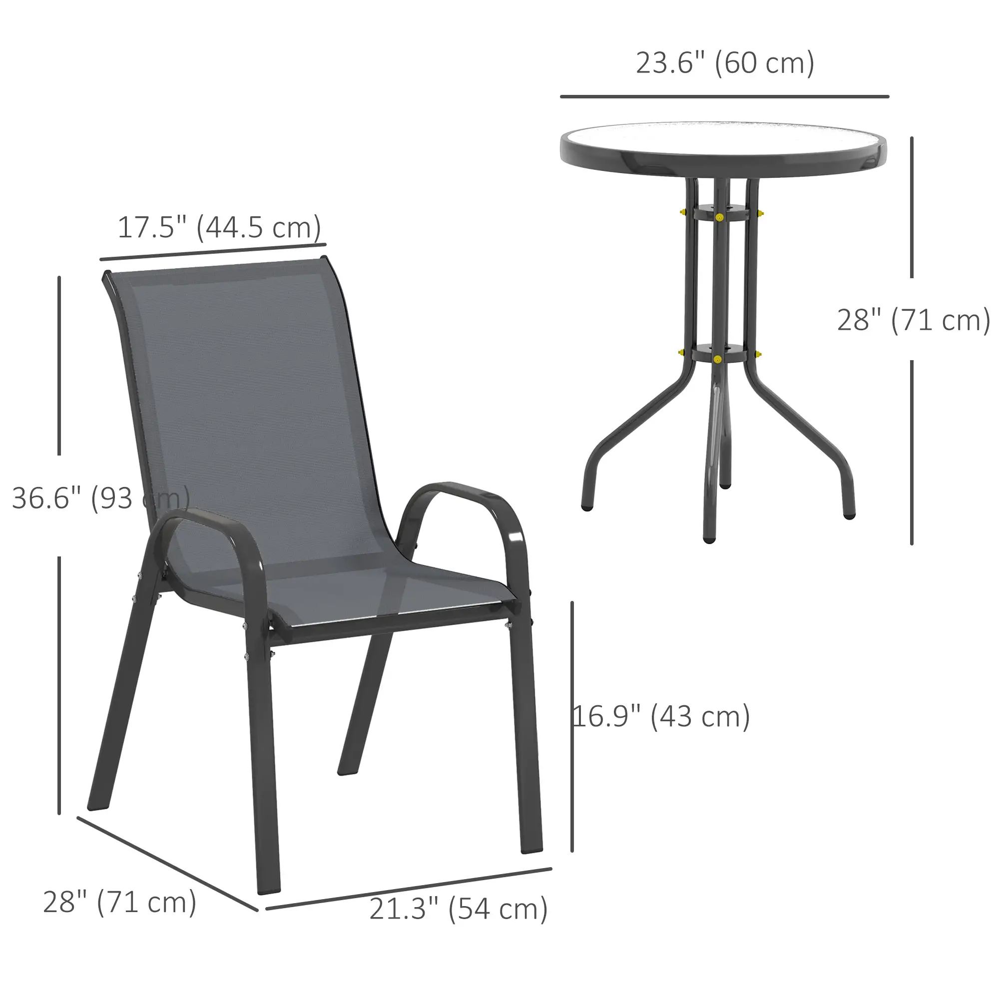 3 Piece Bistro Set, Stackable Mesh Chairs, Glass Table, Dark Grey - Image 3