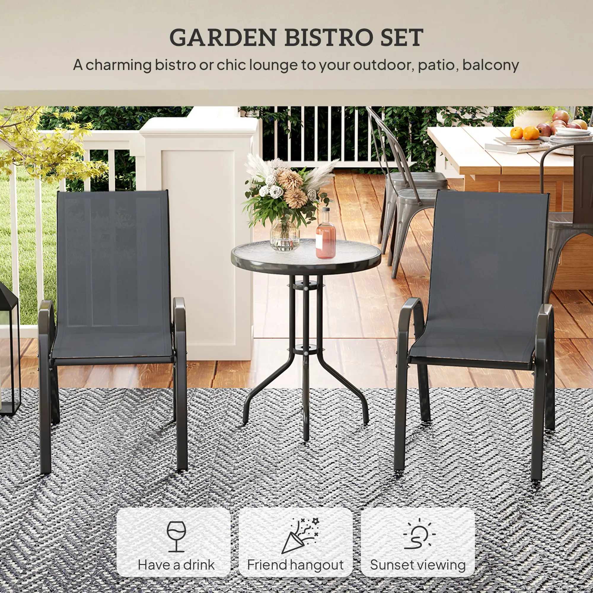 3 Piece Bistro Set, Stackable Mesh Chairs, Glass Table, Dark Grey - Image 4