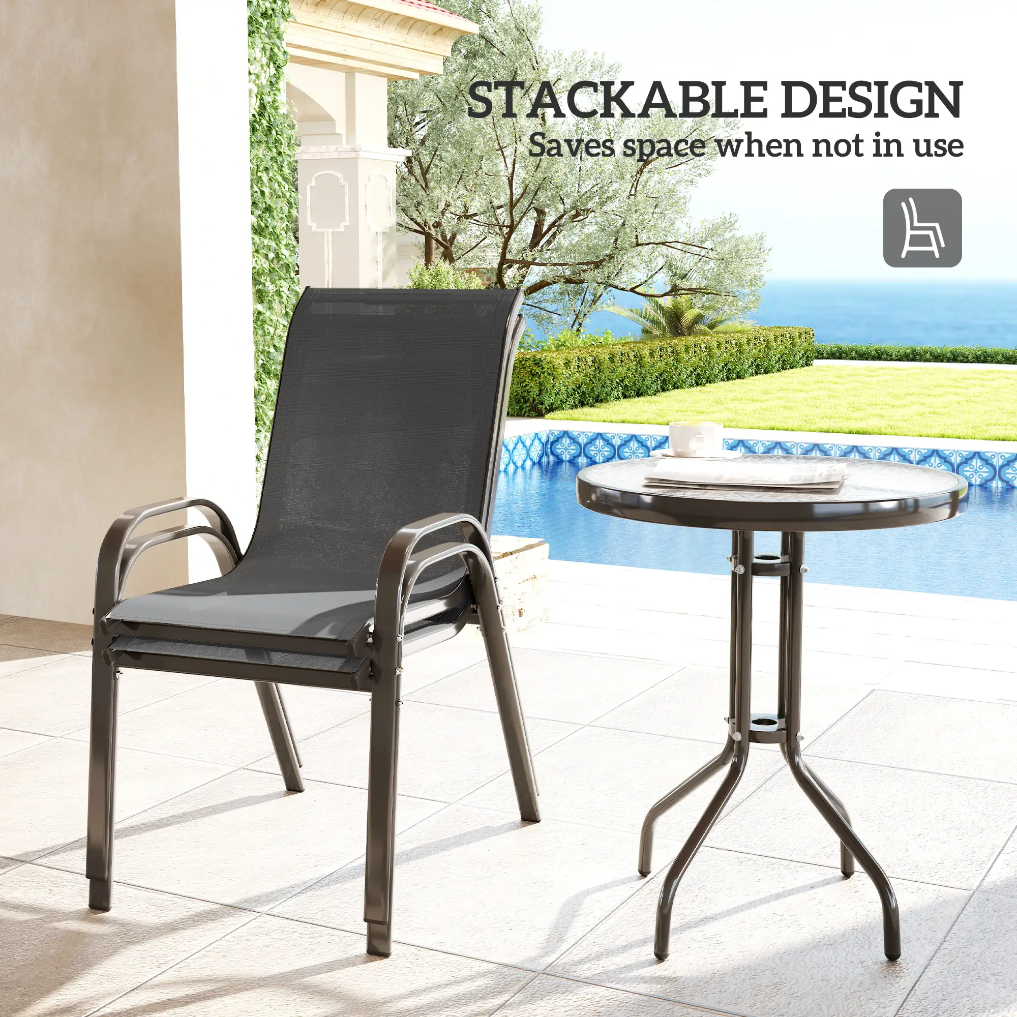 3 Piece Bistro Set, Stackable Mesh Chairs, Glass Table, Dark Grey - Image 5