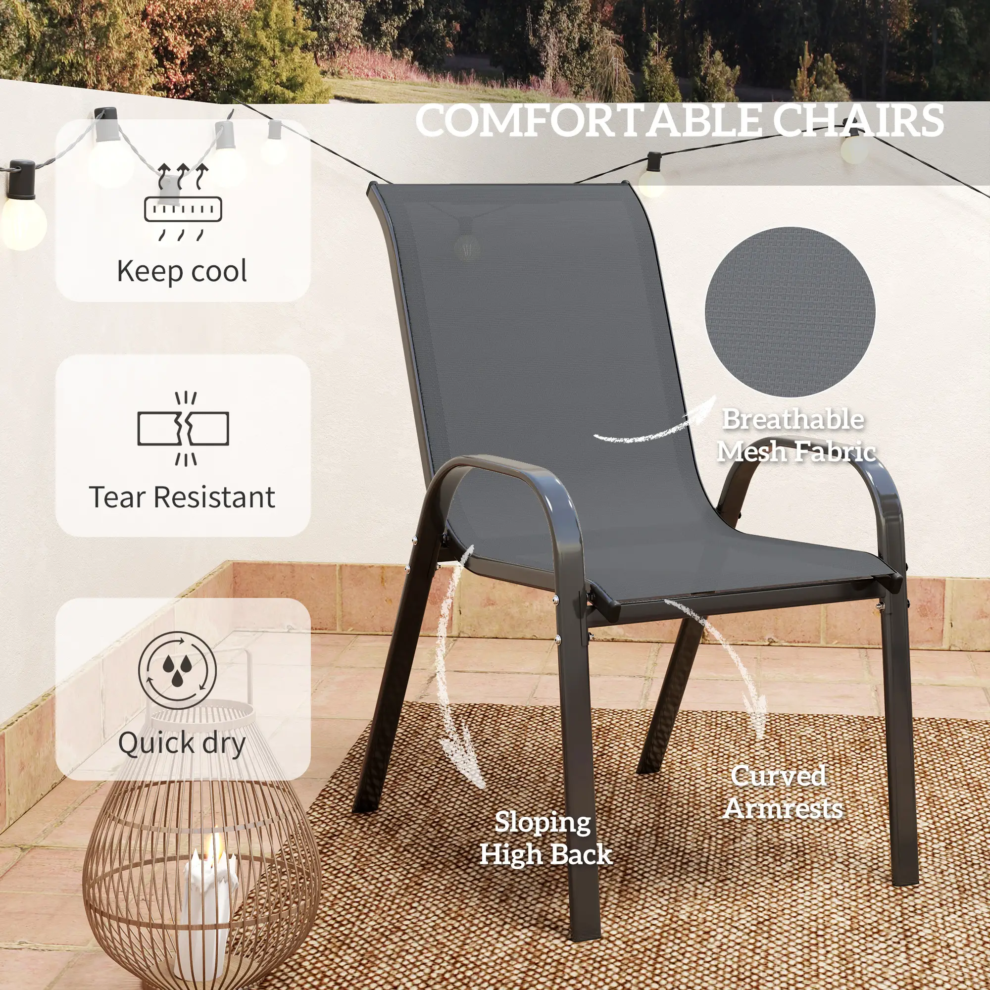 3 Piece Bistro Set, Stackable Mesh Chairs, Glass Table, Dark Grey - Image 6