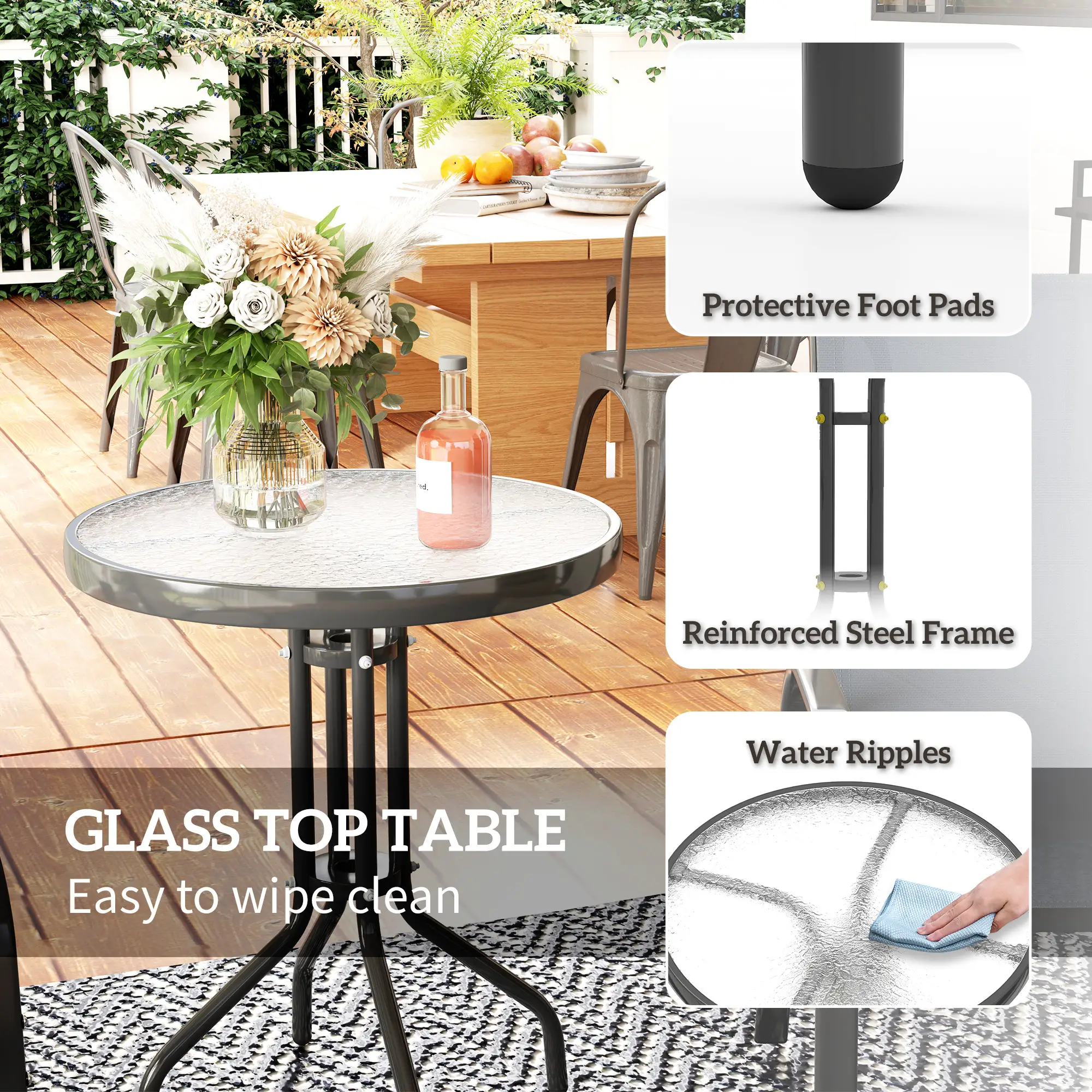 3 Piece Bistro Set, Stackable Mesh Chairs, Glass Table, Dark Grey - Image 7
